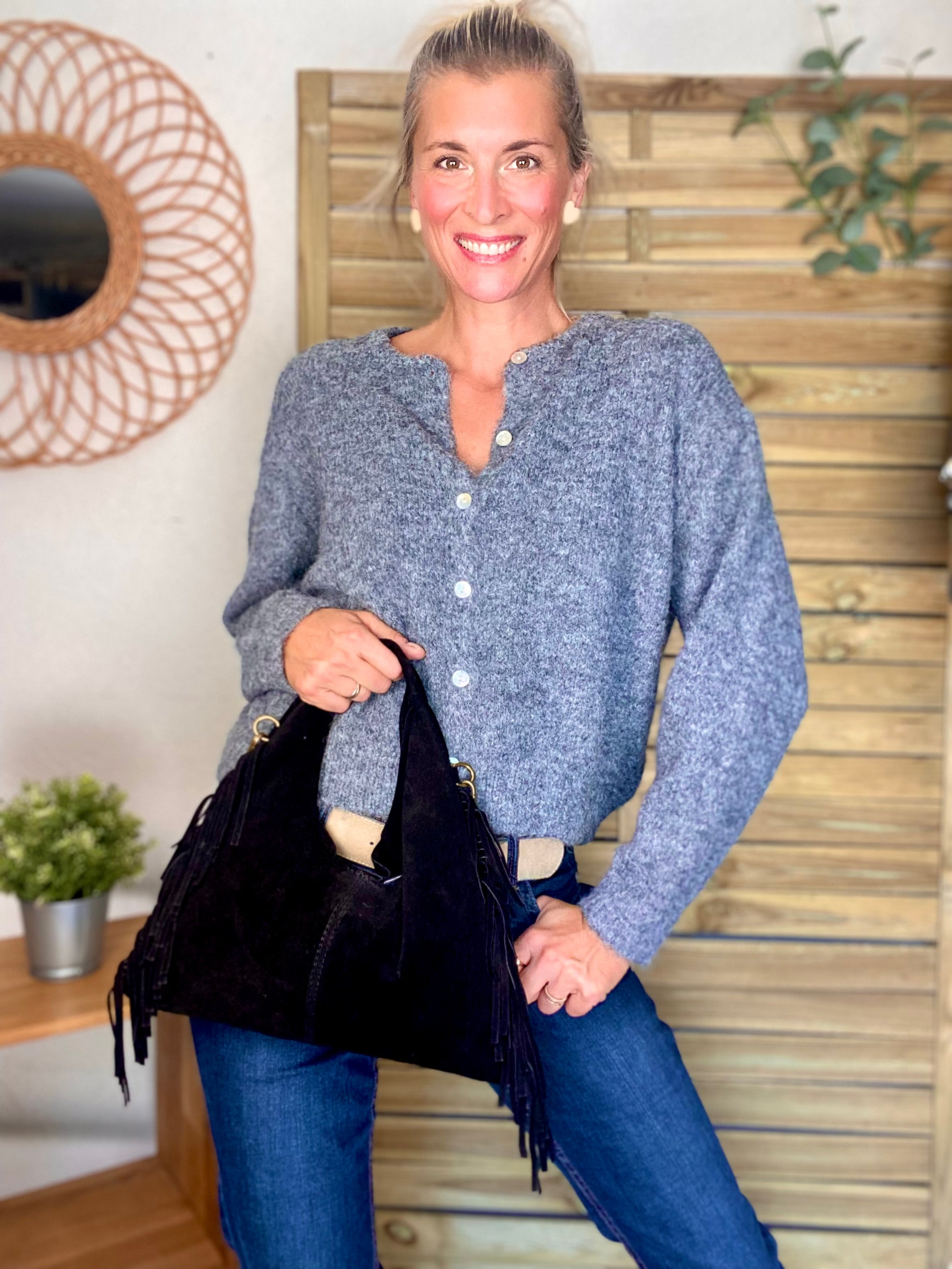 Sac en cuir daim avec franges AARON - Noir