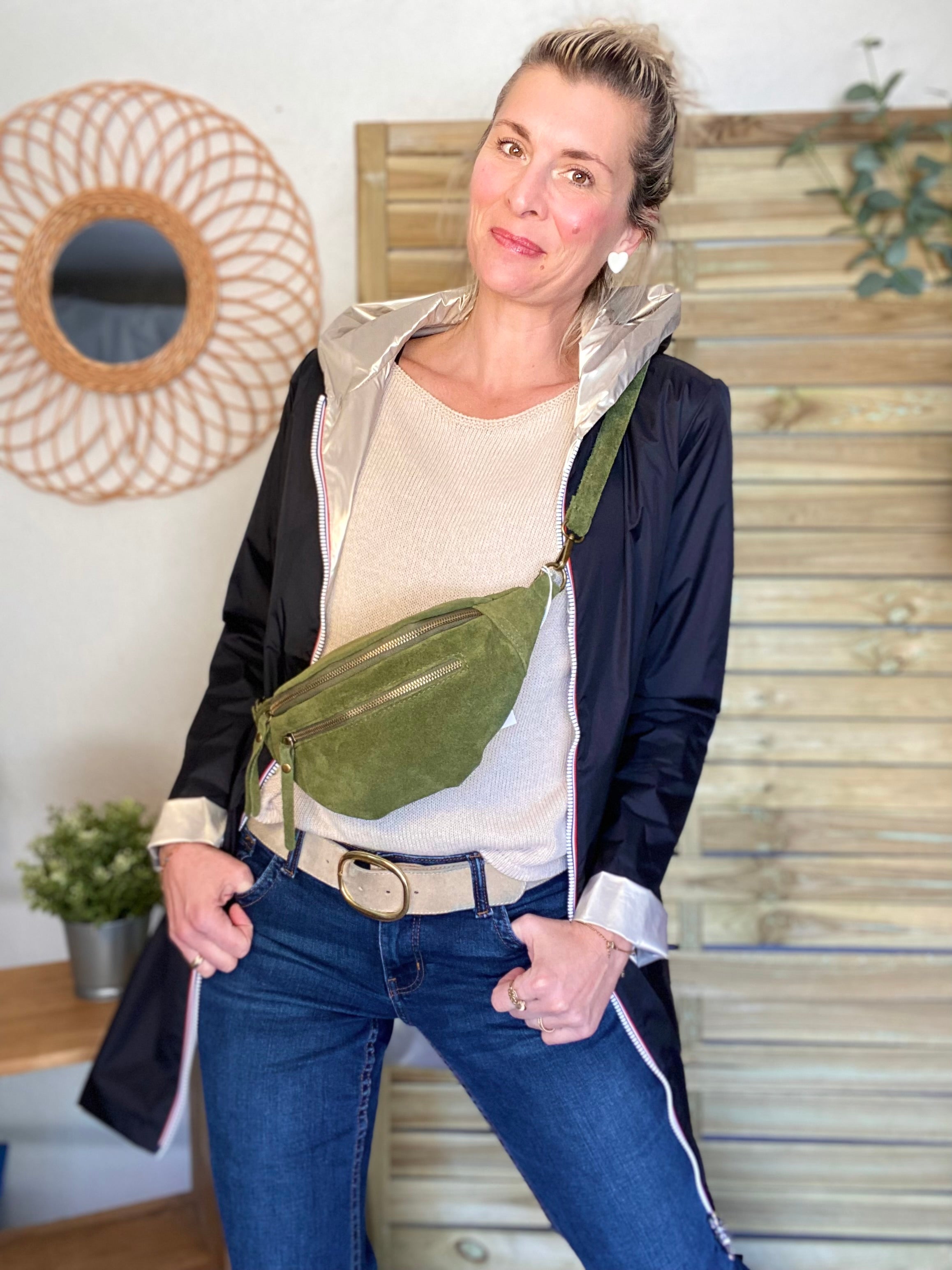 Sac banane double poche en cuir daim - OPALINE - Vert Olive (Kaki clair)