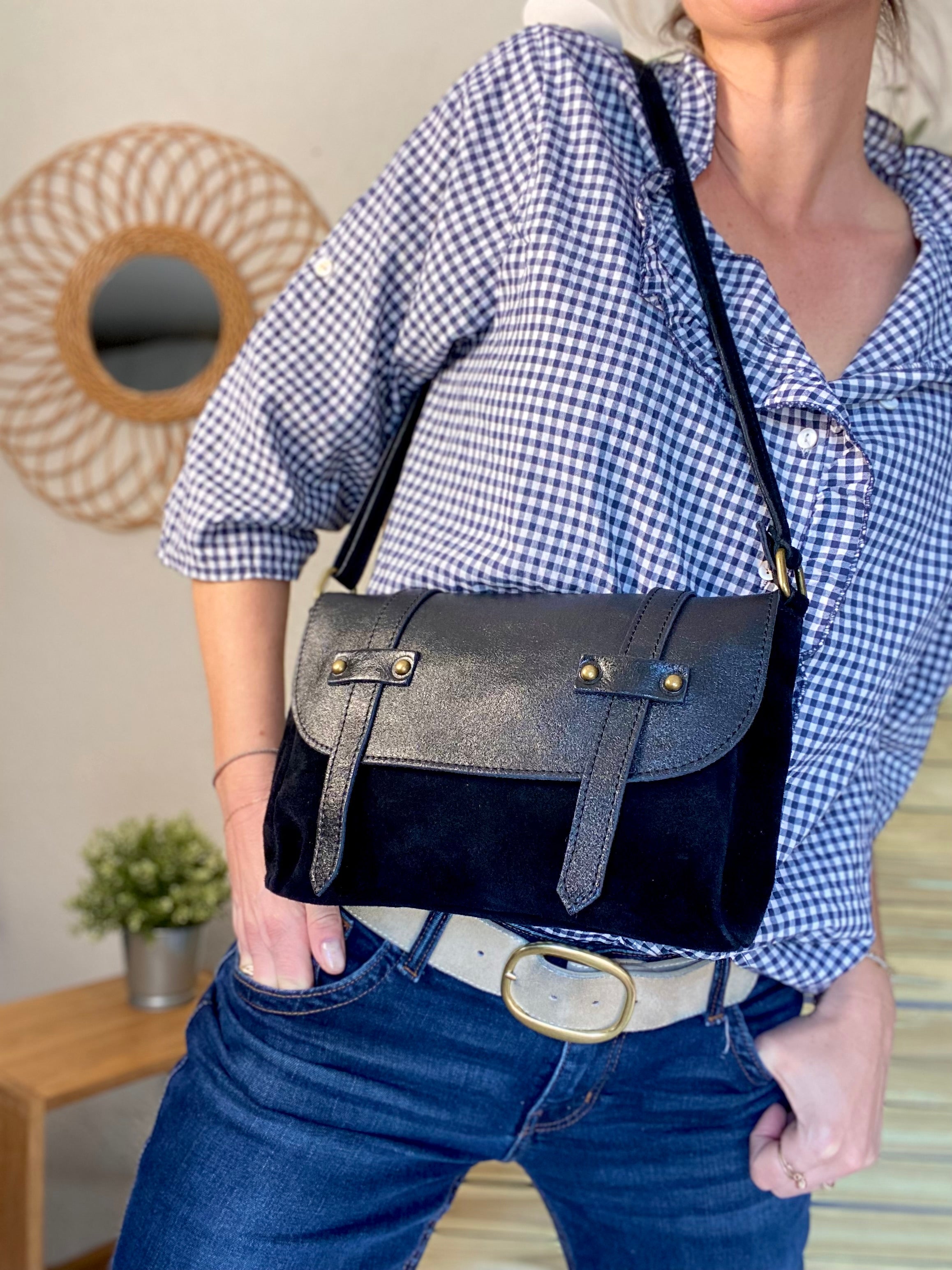 Sac bandoulière en cuir daim et irisé ESMÉE - Full Noir