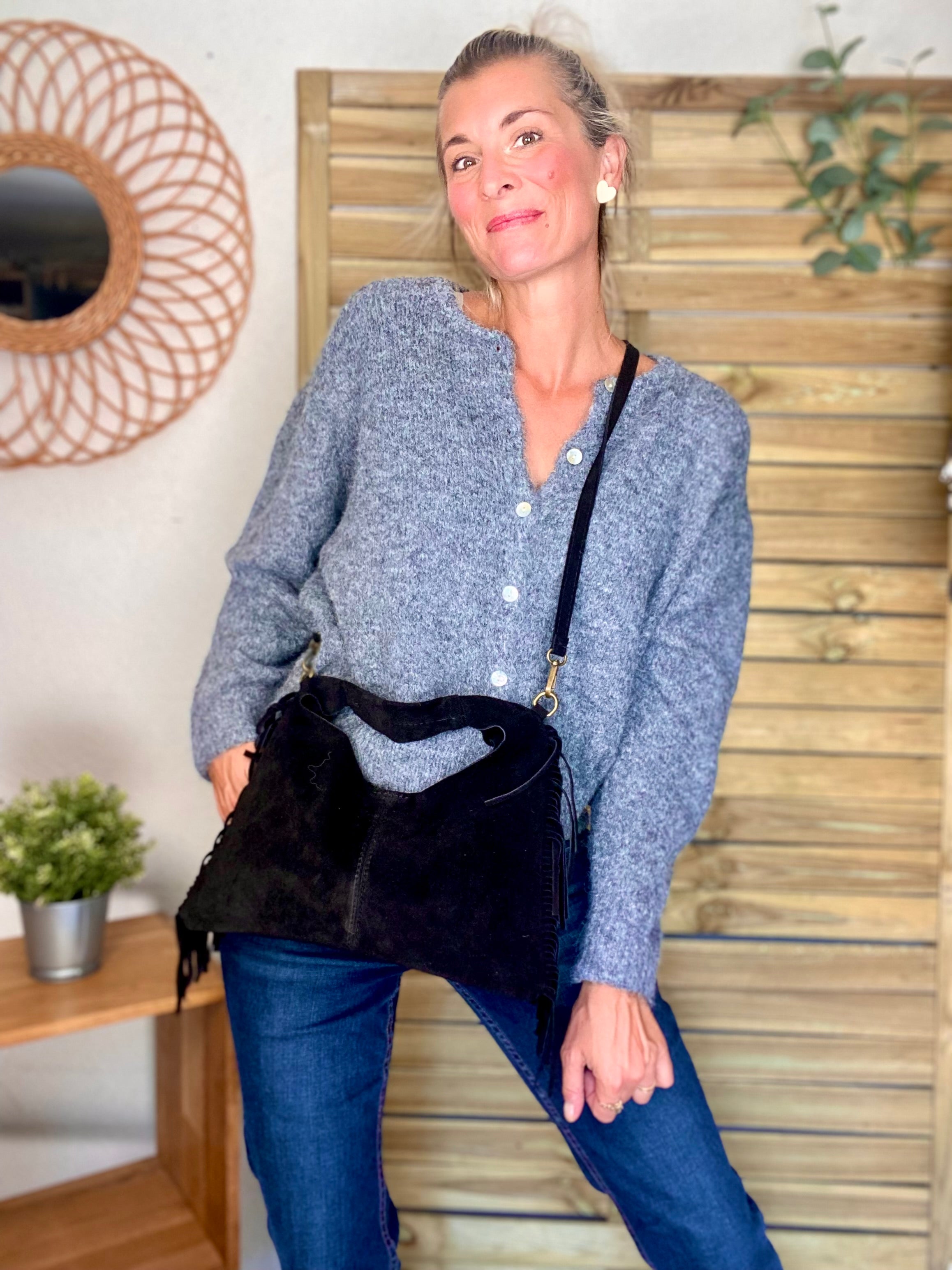 Sac en cuir daim avec franges AARON - Noir