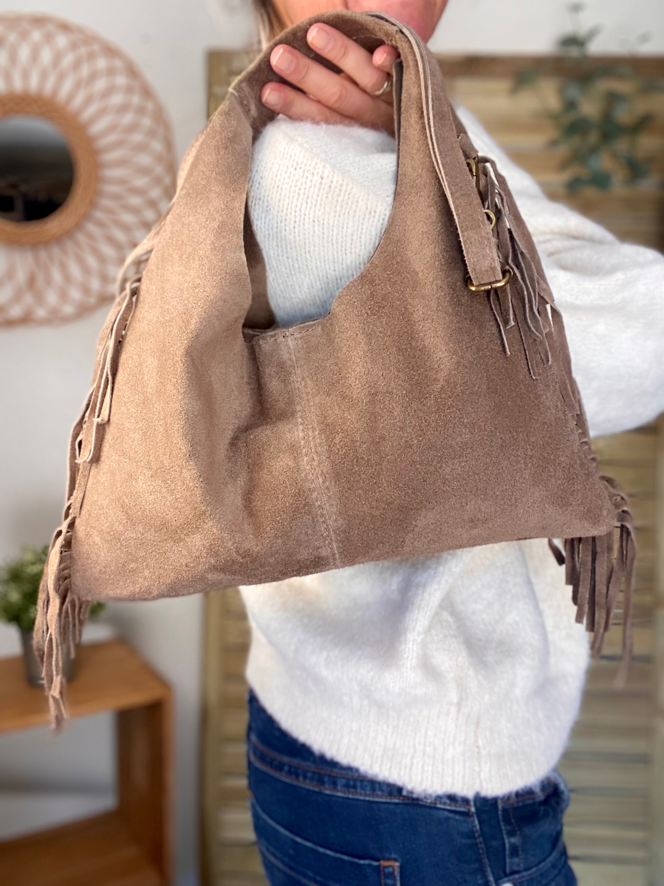 Sac en cuir daim avec franges AARON - Beige taupe