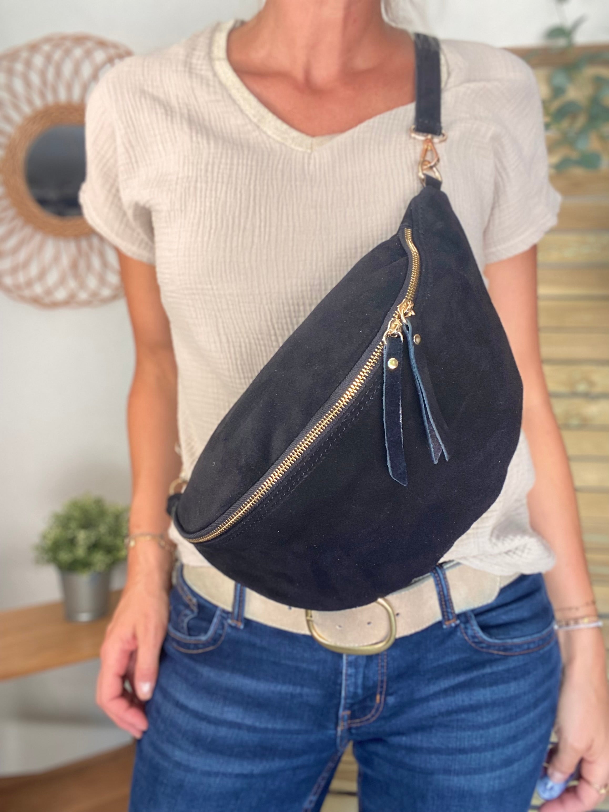 Sac banane XL en croite de cuir - JANE - Noir
