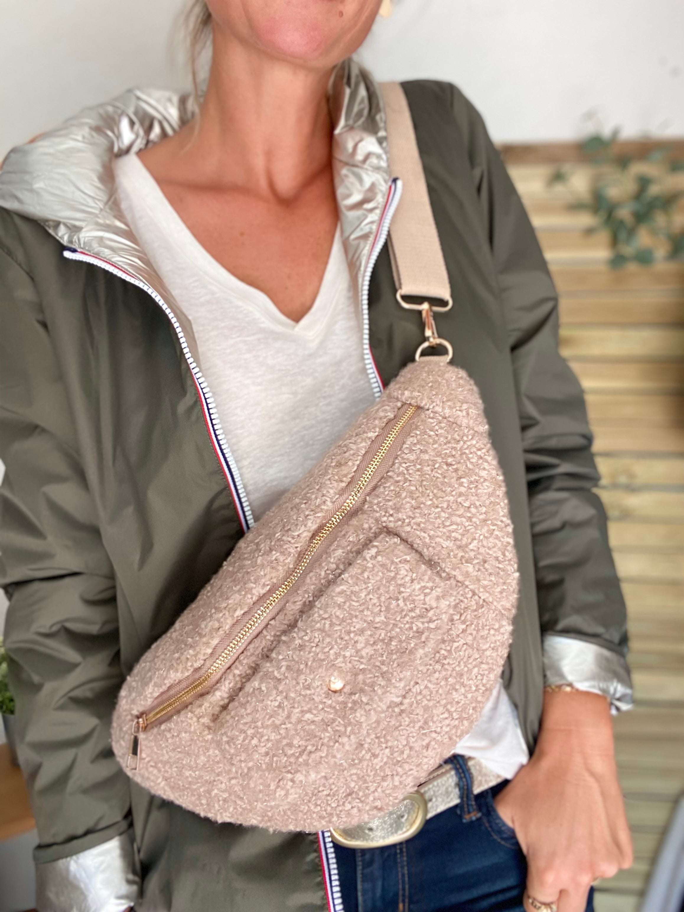 Sac banane XL moumoute lurex avec poche avant - CHELSEA - Beige taupe