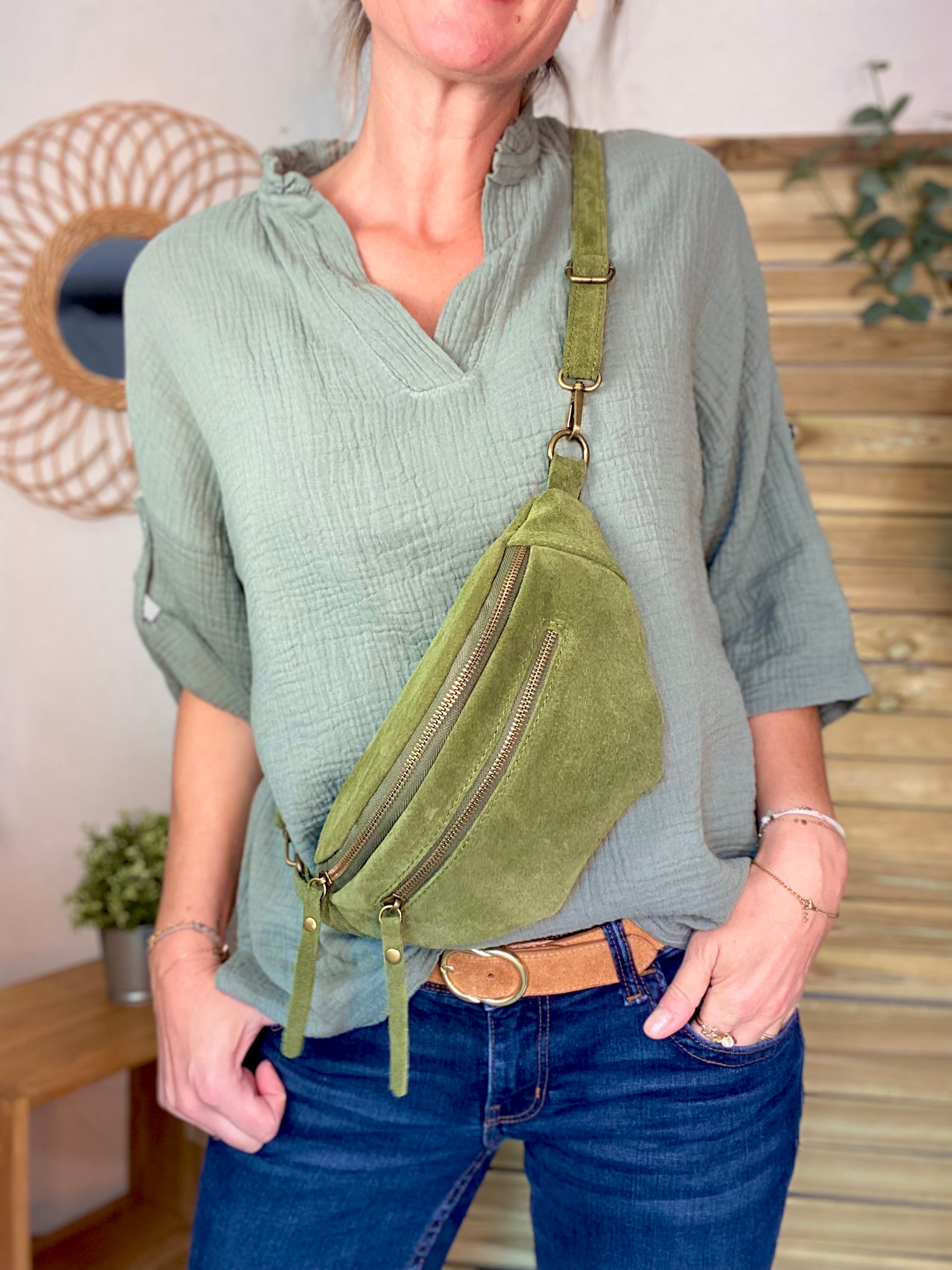 Sac banane double poche en cuir daim - OPALINE - Vert Olive (Kaki clair)