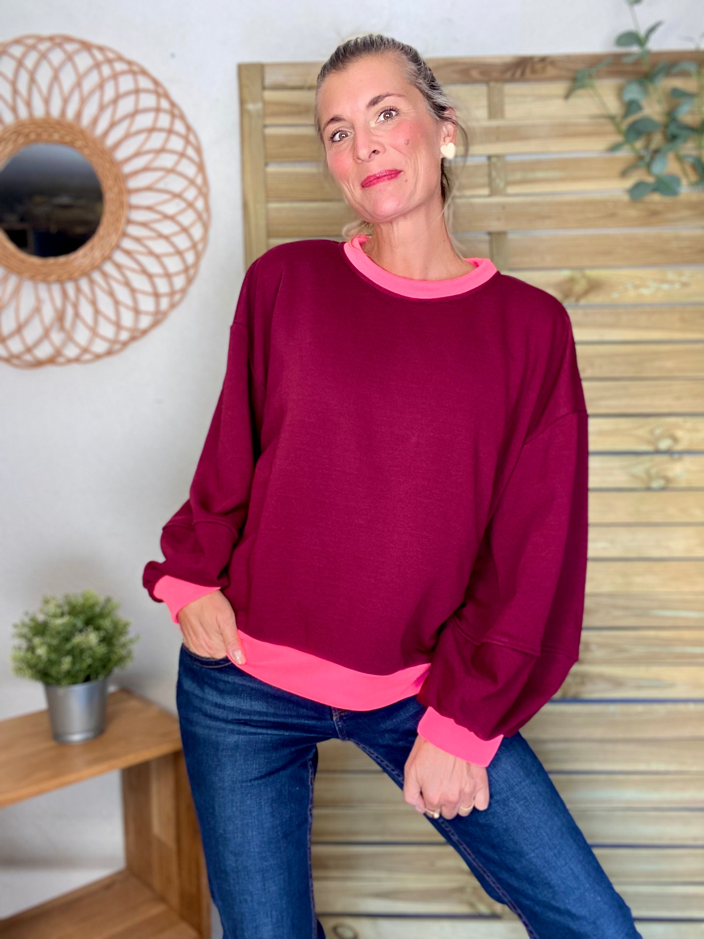 Sweat oversize uni Bordeaux/Rose fluo ISALINE