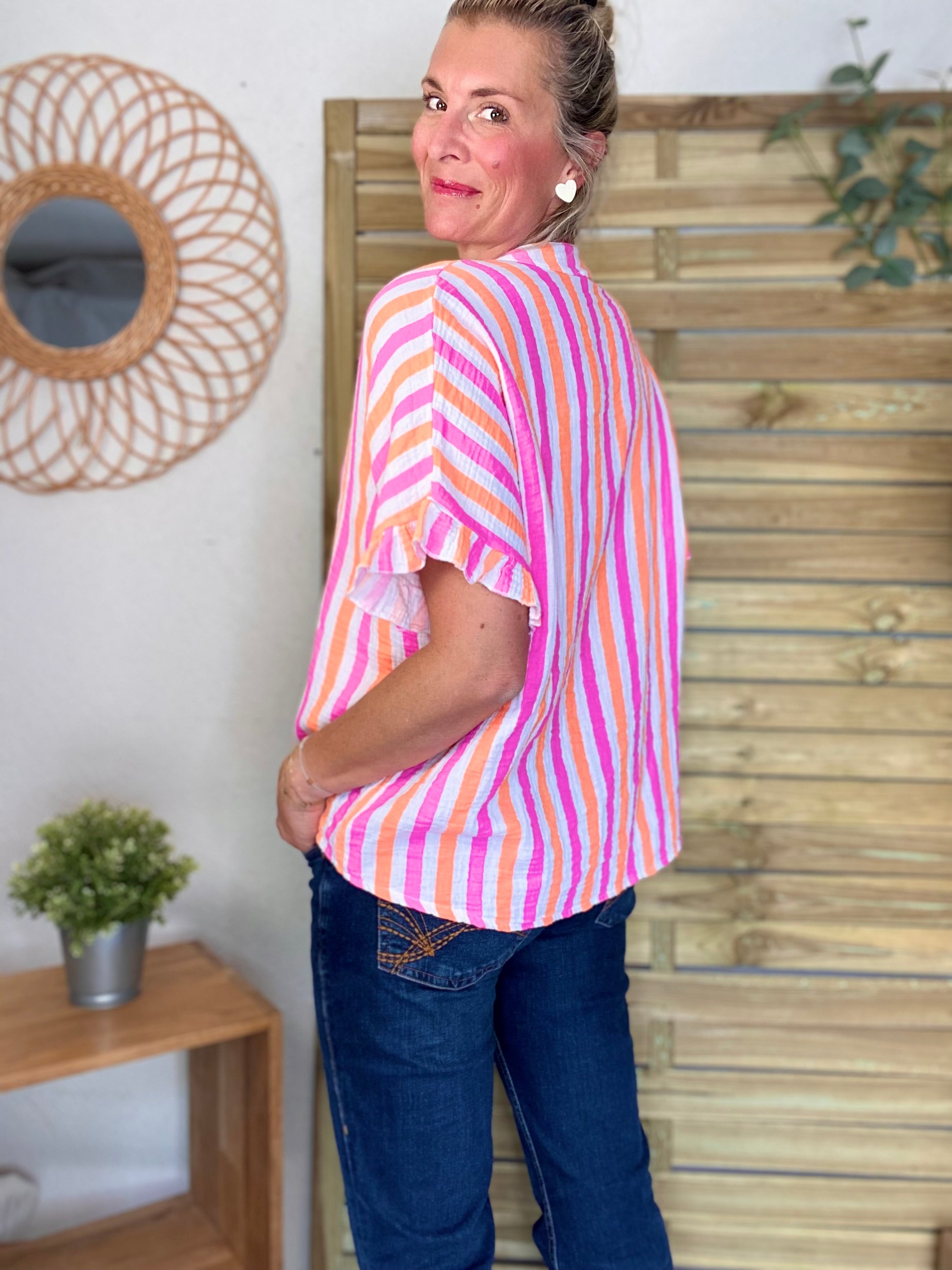 Chemise oversize rayée orange et fuschia en gaze de coton FÉLICIE