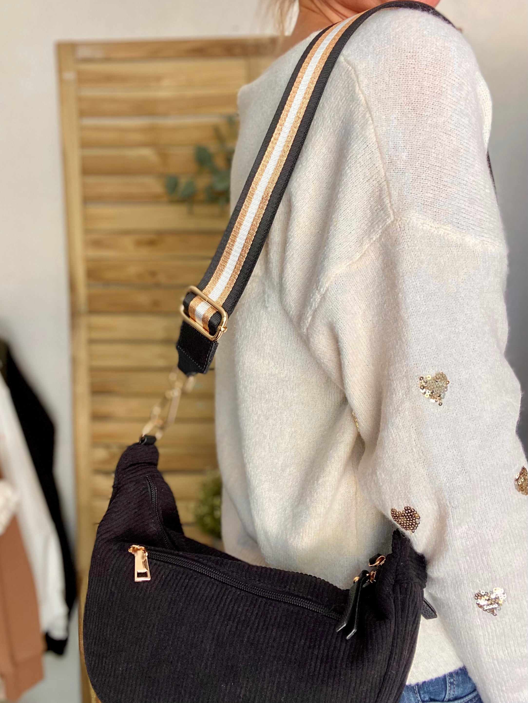 Sac besace demi-lune XL velours côtelé - AMY - Noir