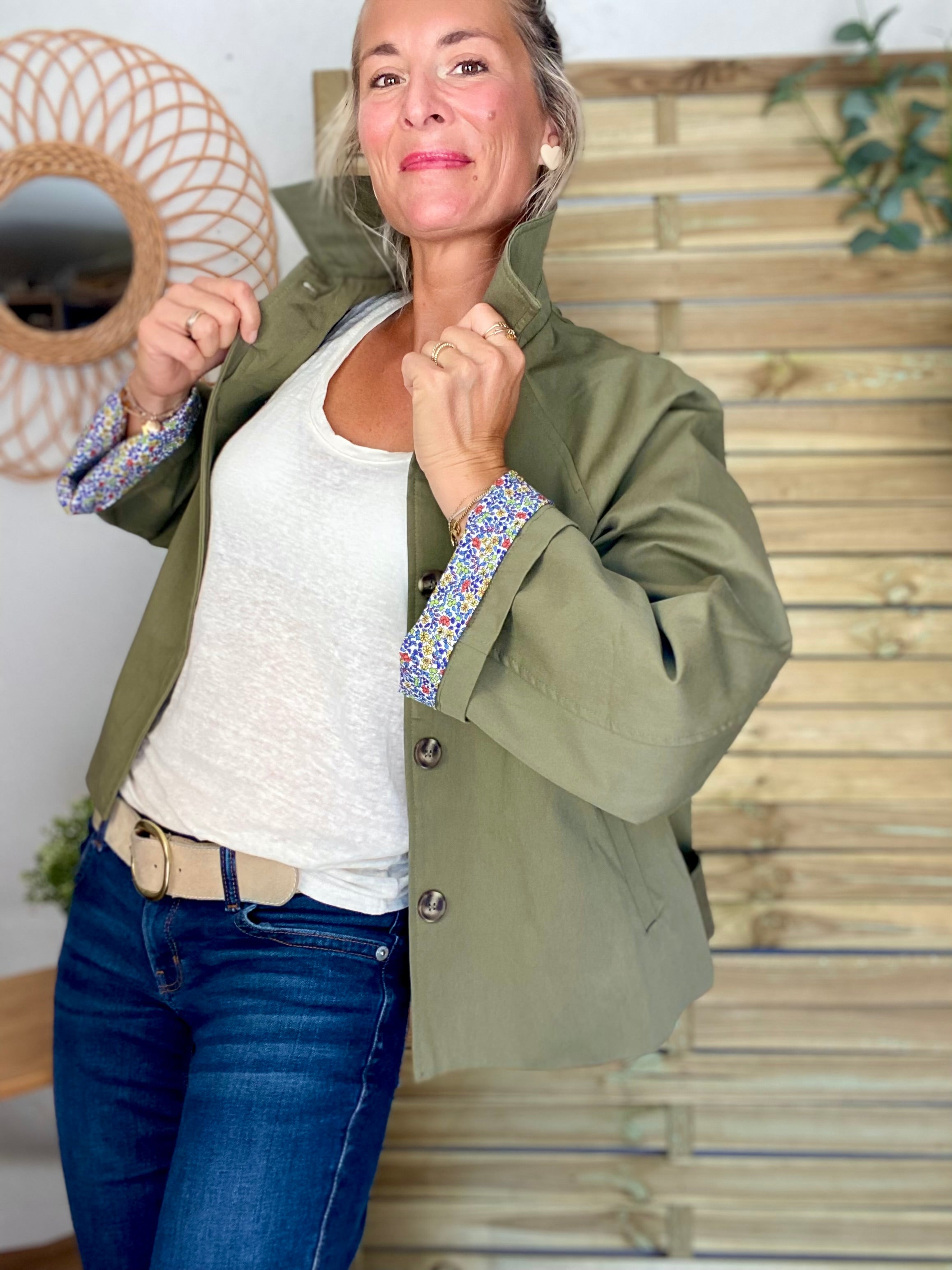 Veste Trench en coton kaki avec Liberty - MAHAUT