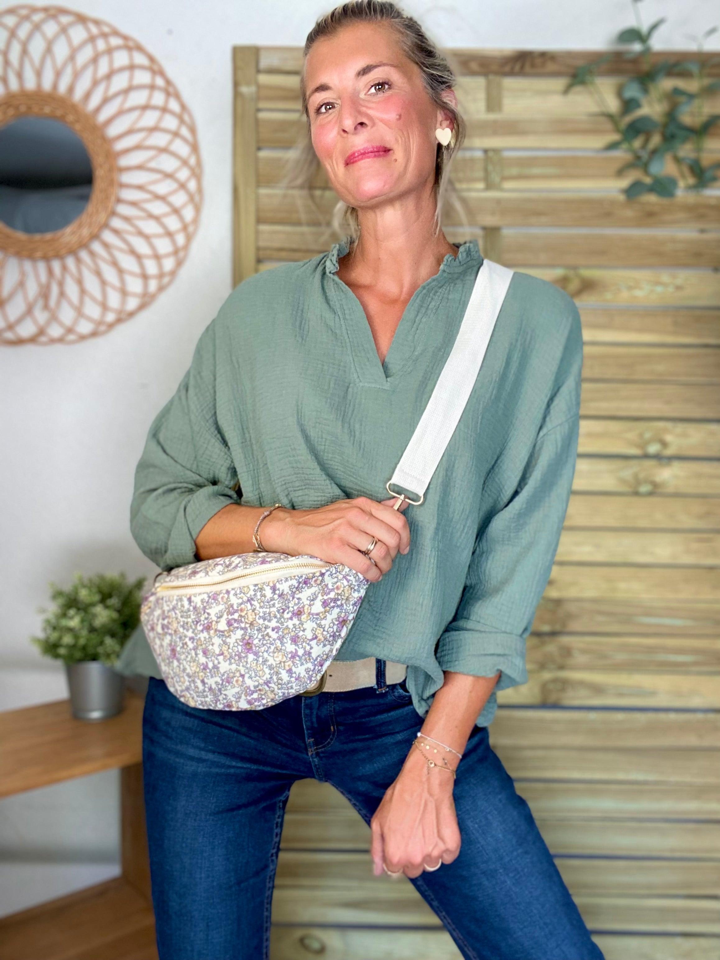 Blouse en gaze de coton SIERRA Kaki - manches longues