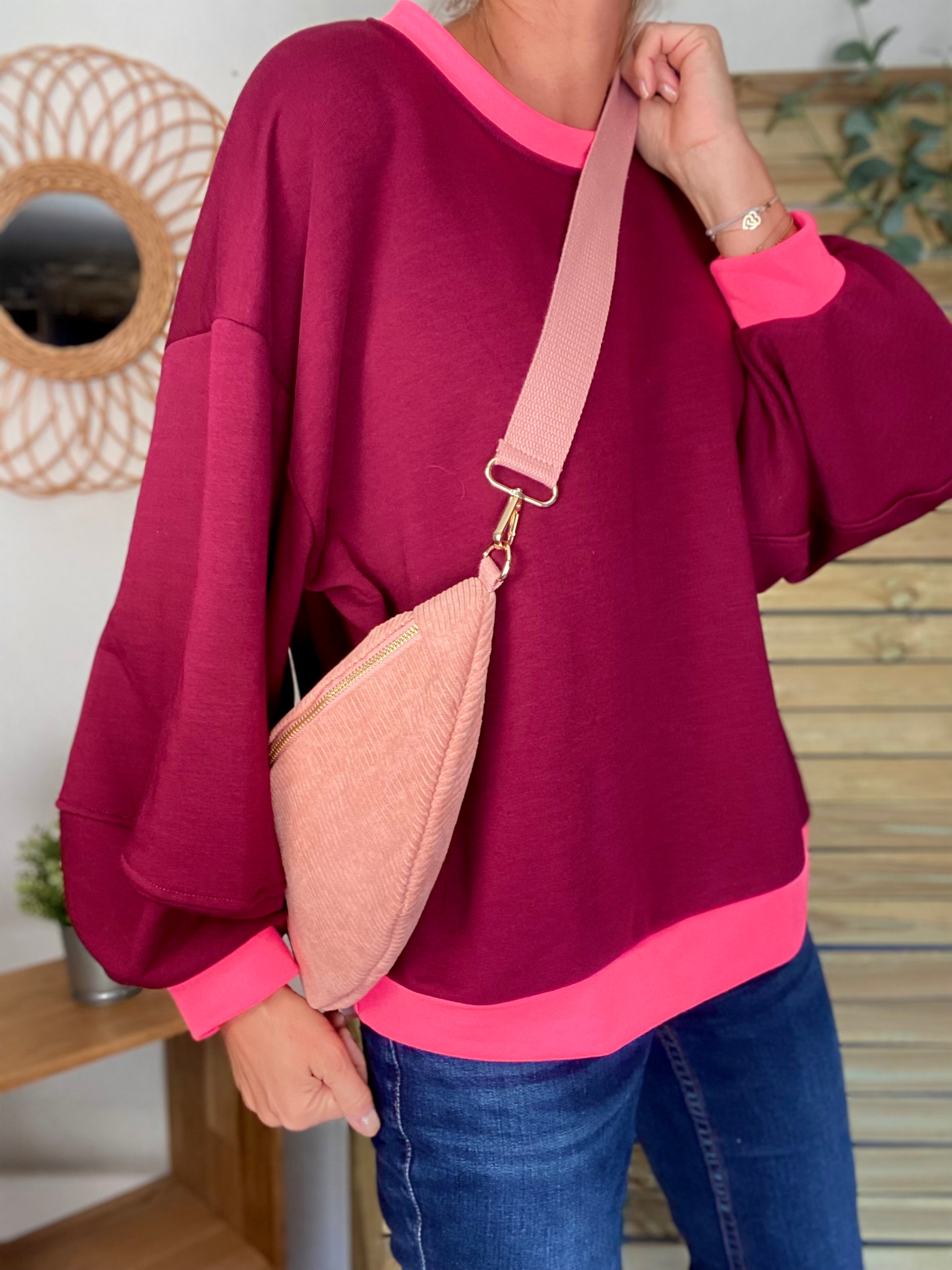 Sweat oversize uni Bordeaux/Rose fluo ISALINE