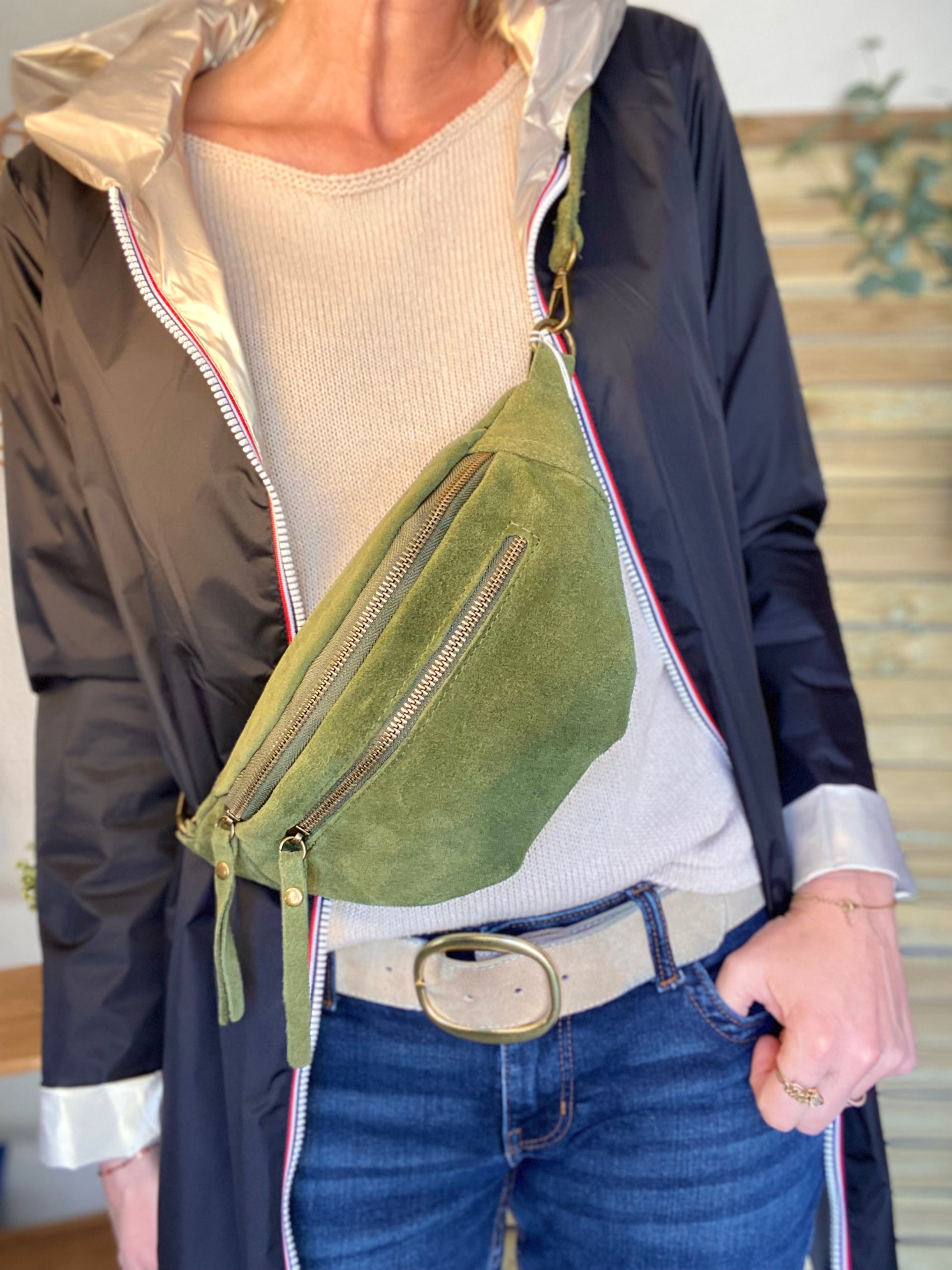 Sac banane double poche en cuir daim - OPALINE - Vert Olive (Kaki clair)