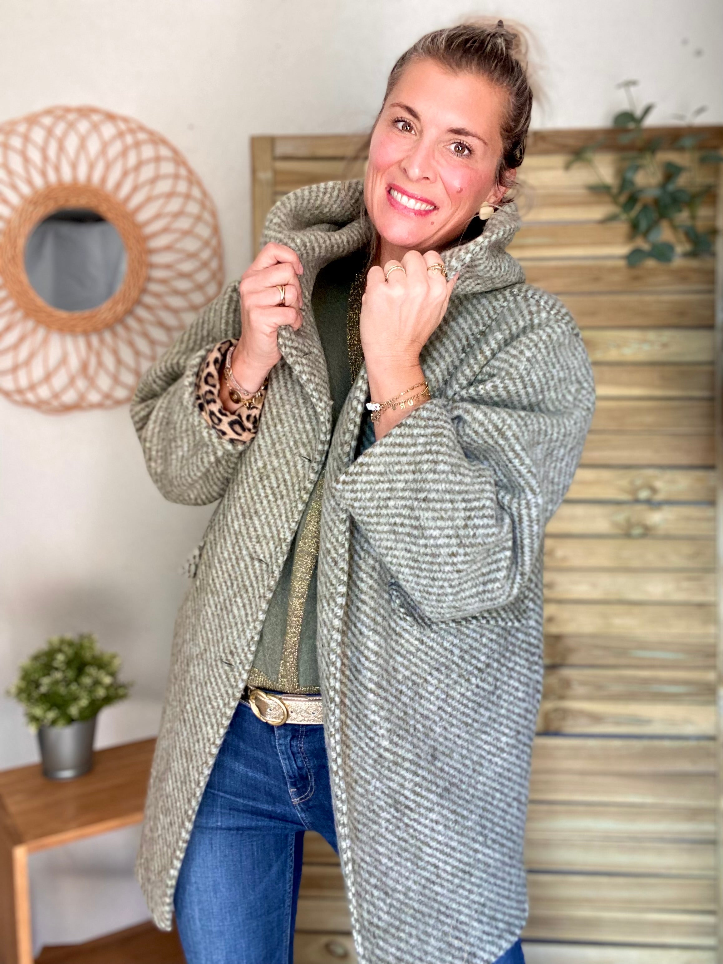 Manteau laine AGATHE avec détails Léo (étoile capuche) - Kaki - FIN DE SÉRIE