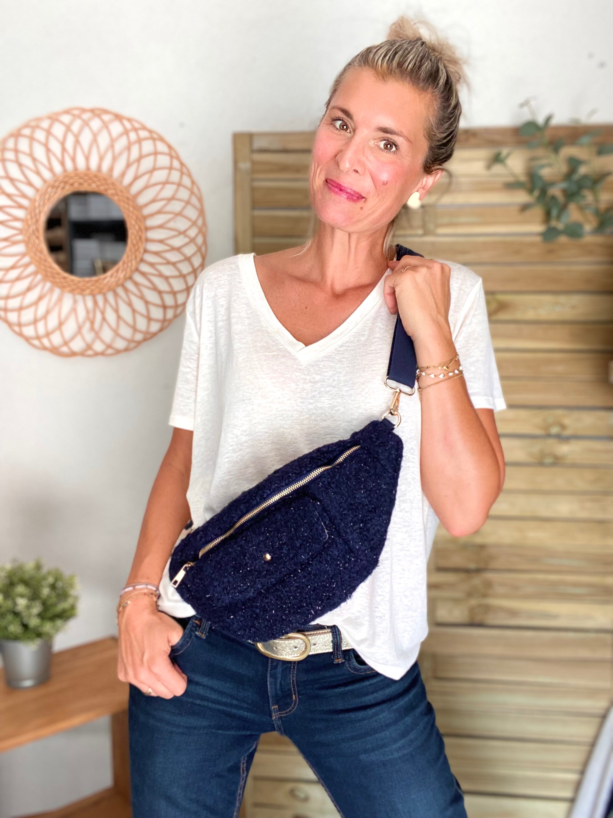 Sac banane XL moumoute lurex avec poche avant - CHELSEA - Marine