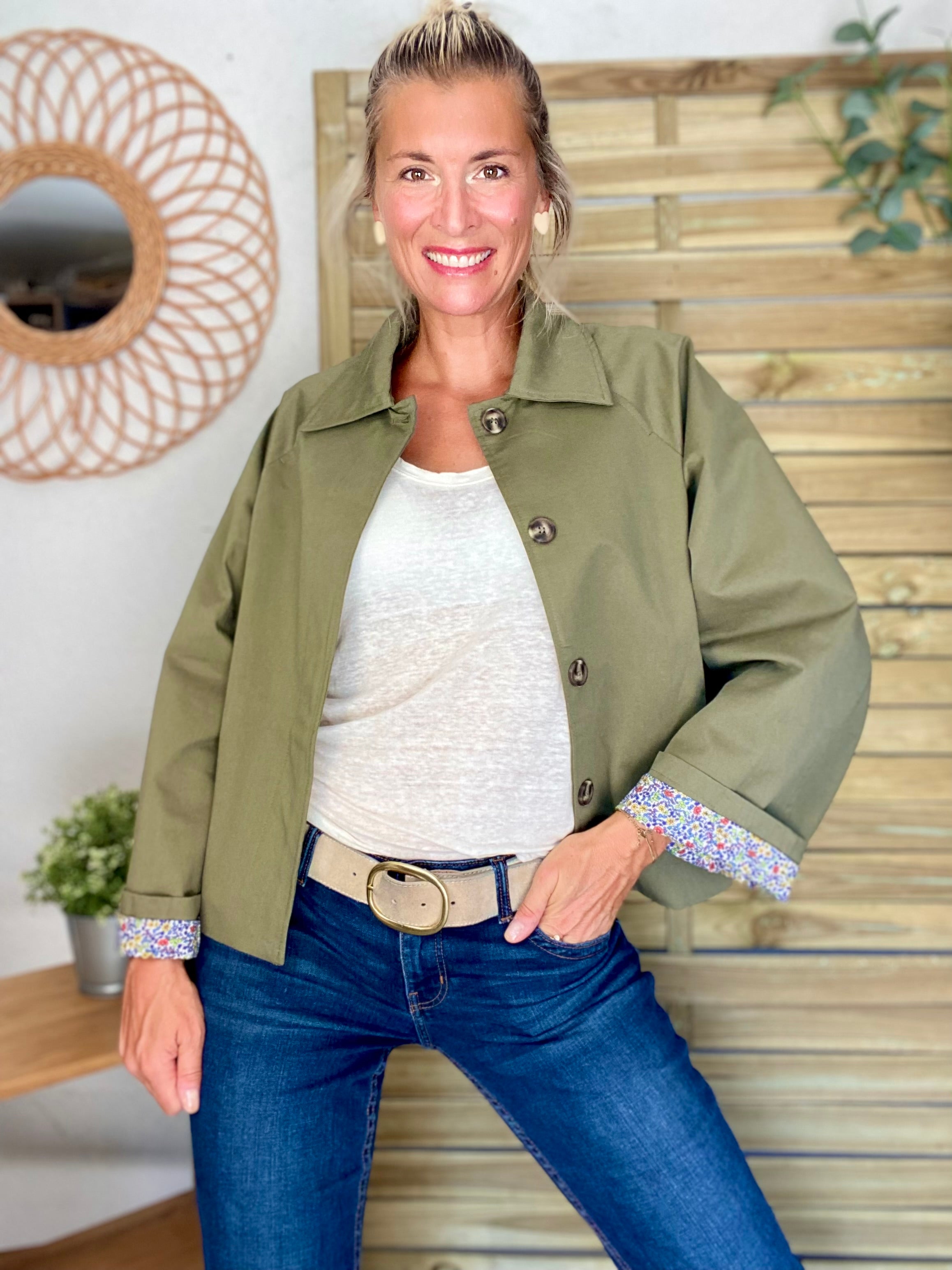 Veste Trench en coton kaki avec Liberty - MAHAUT