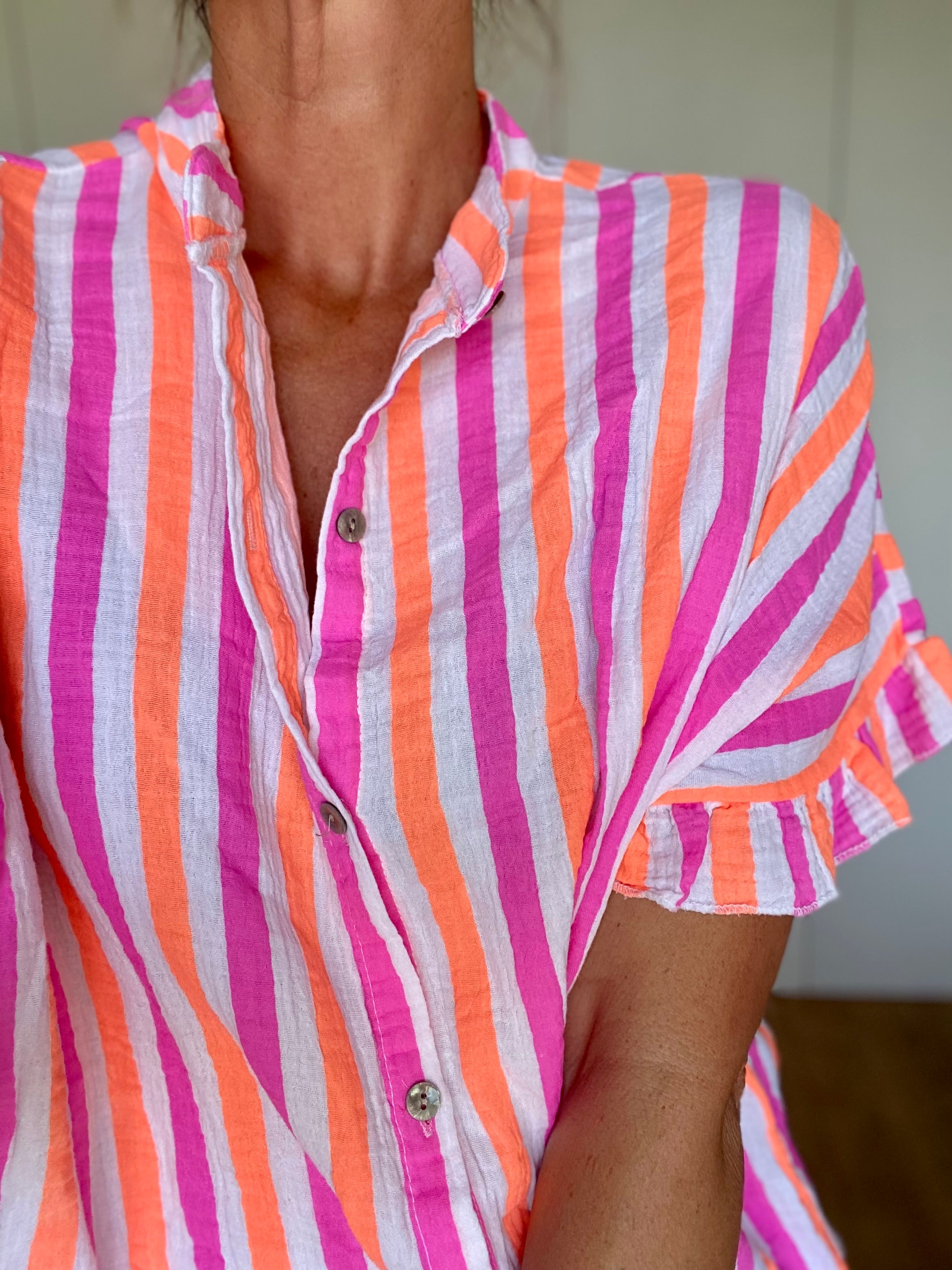 Chemise oversize rayée orange et fuschia en gaze de coton FÉLICIE