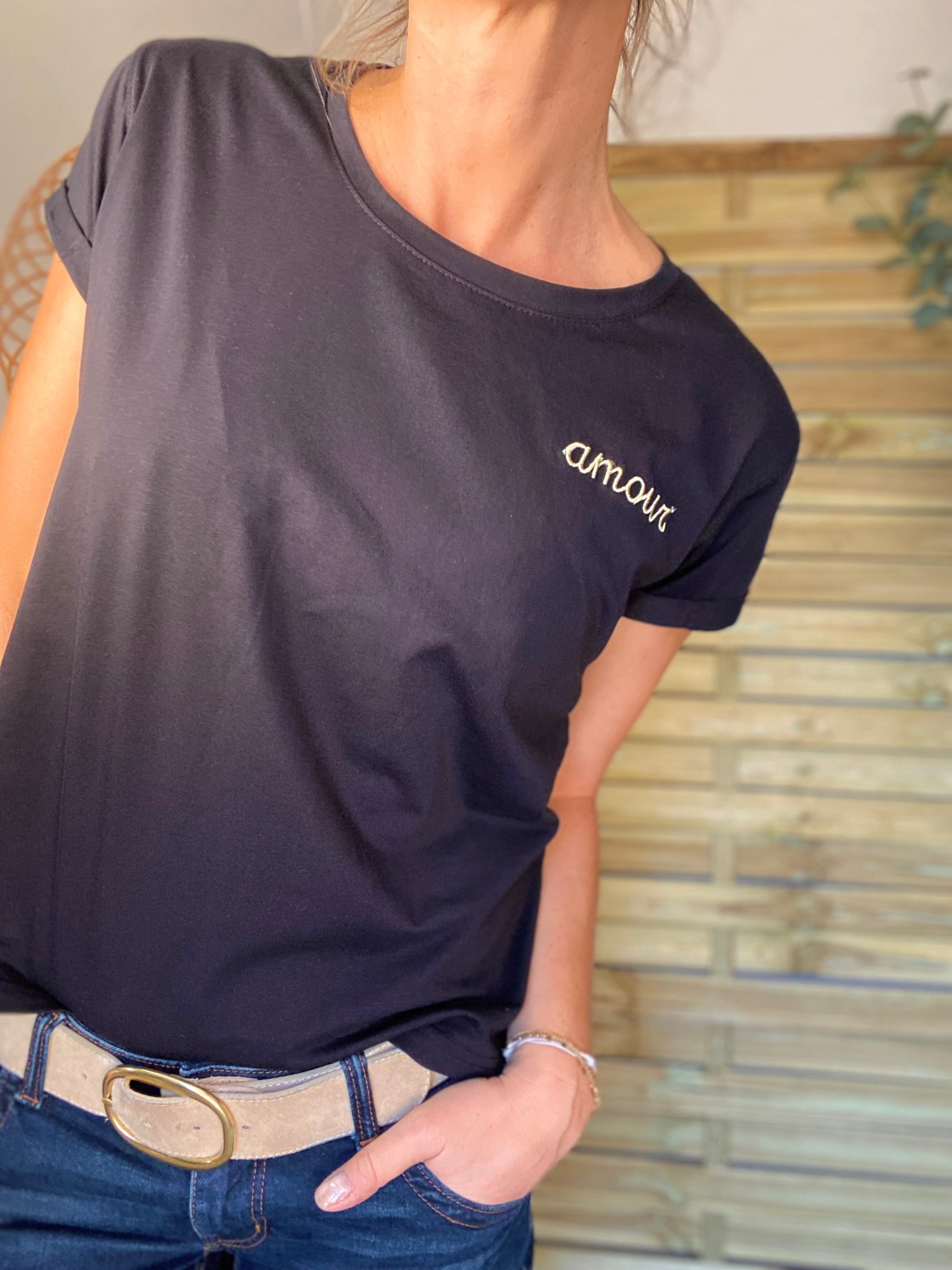 Tee shirt Noir amour brodé doré - MARIA