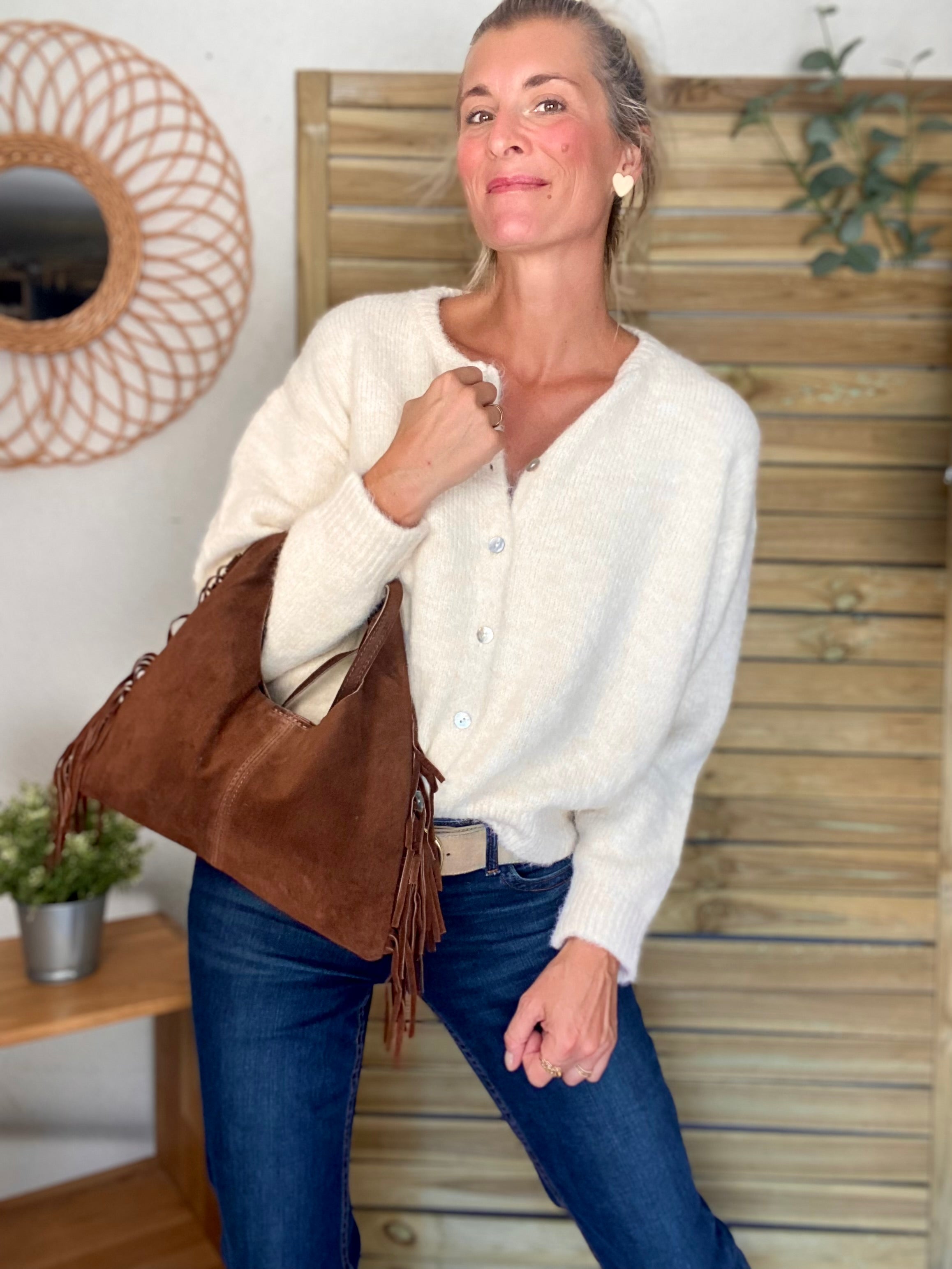 Sac en cuir daim avec franges AARON - Chocolat