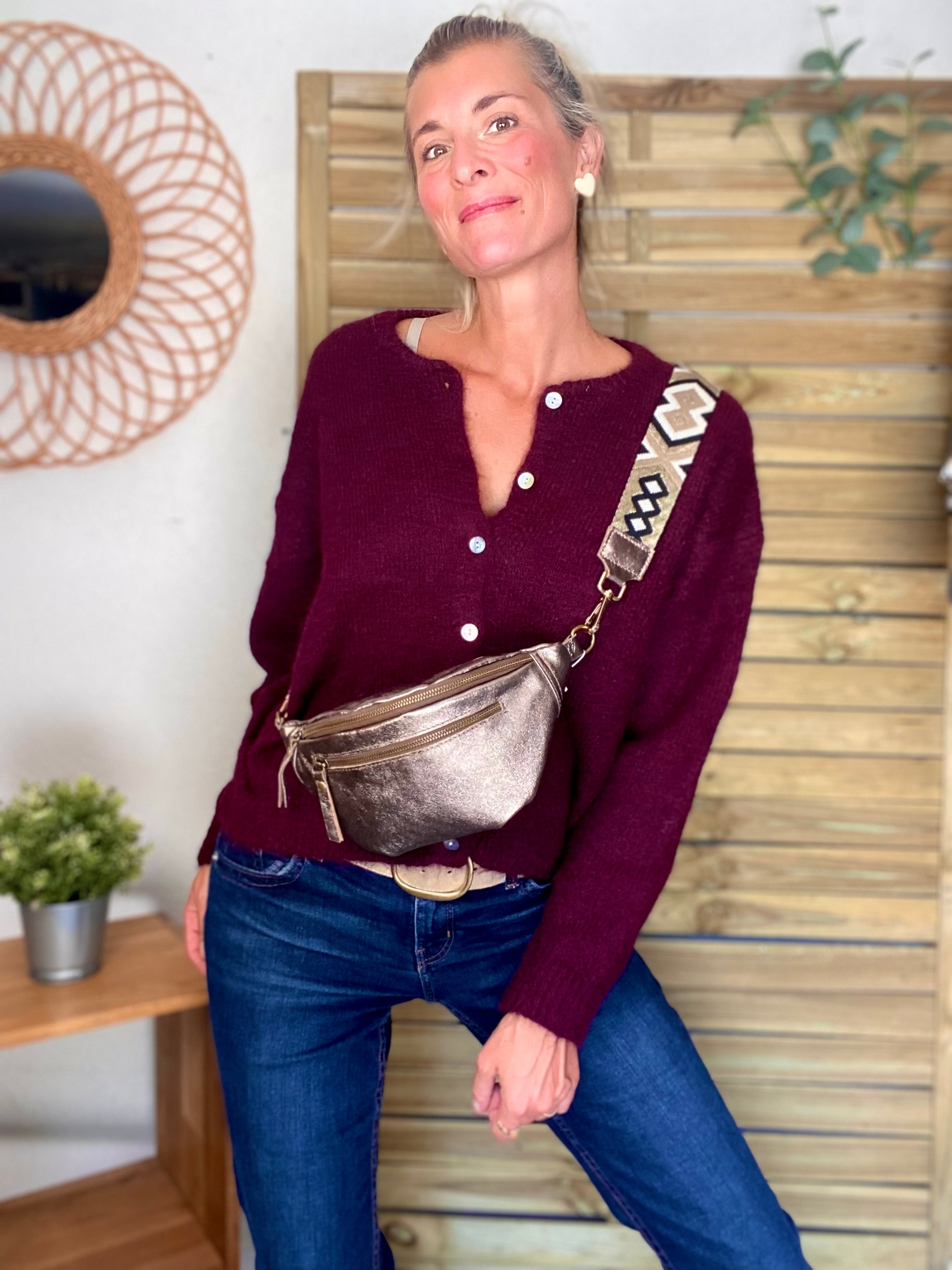 Sac banane en cuir irisé double poche - OPALE - Bronze / étain