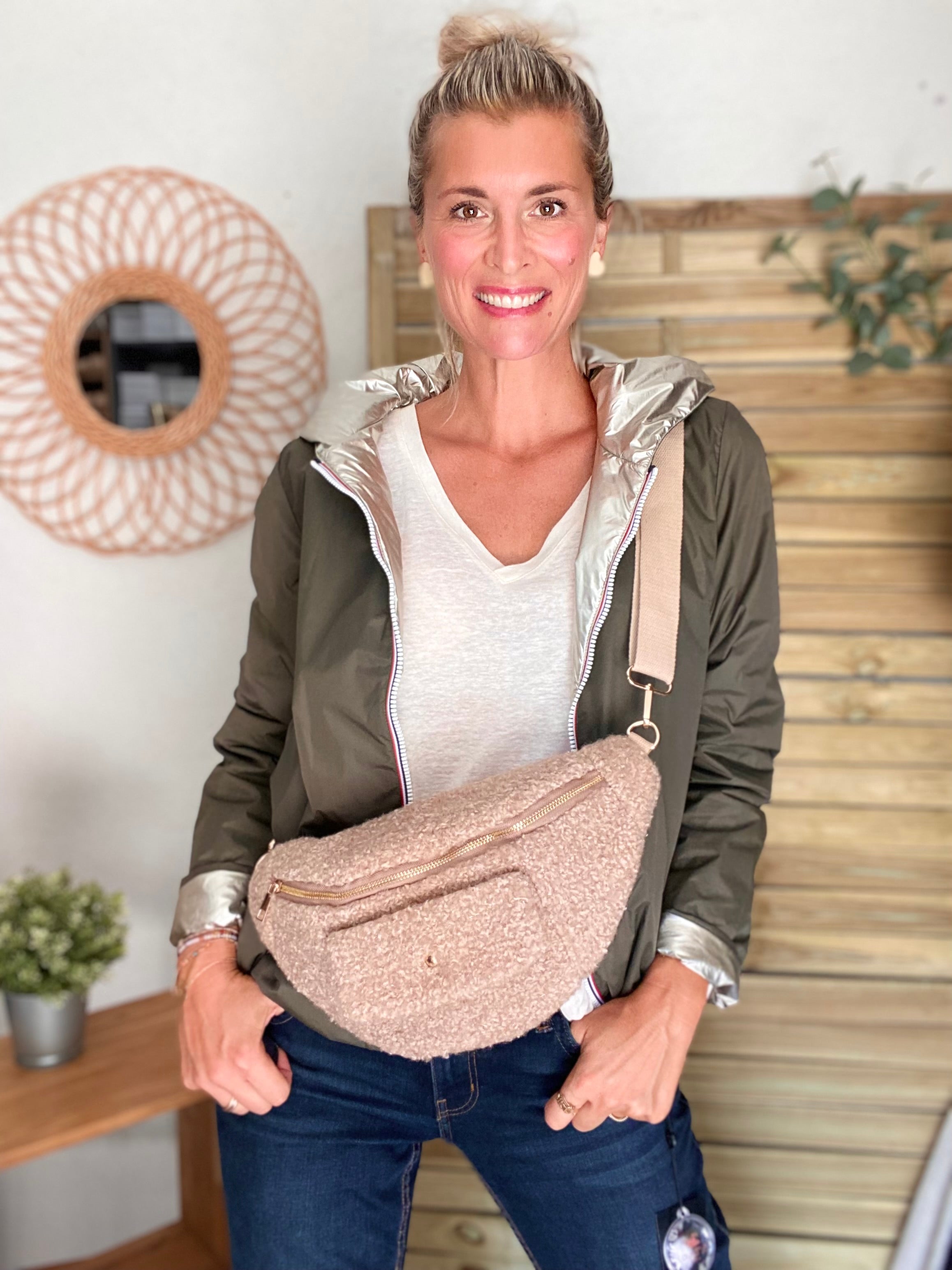 Sac banane XL moumoute lurex avec poche avant - CHELSEA - Beige taupe