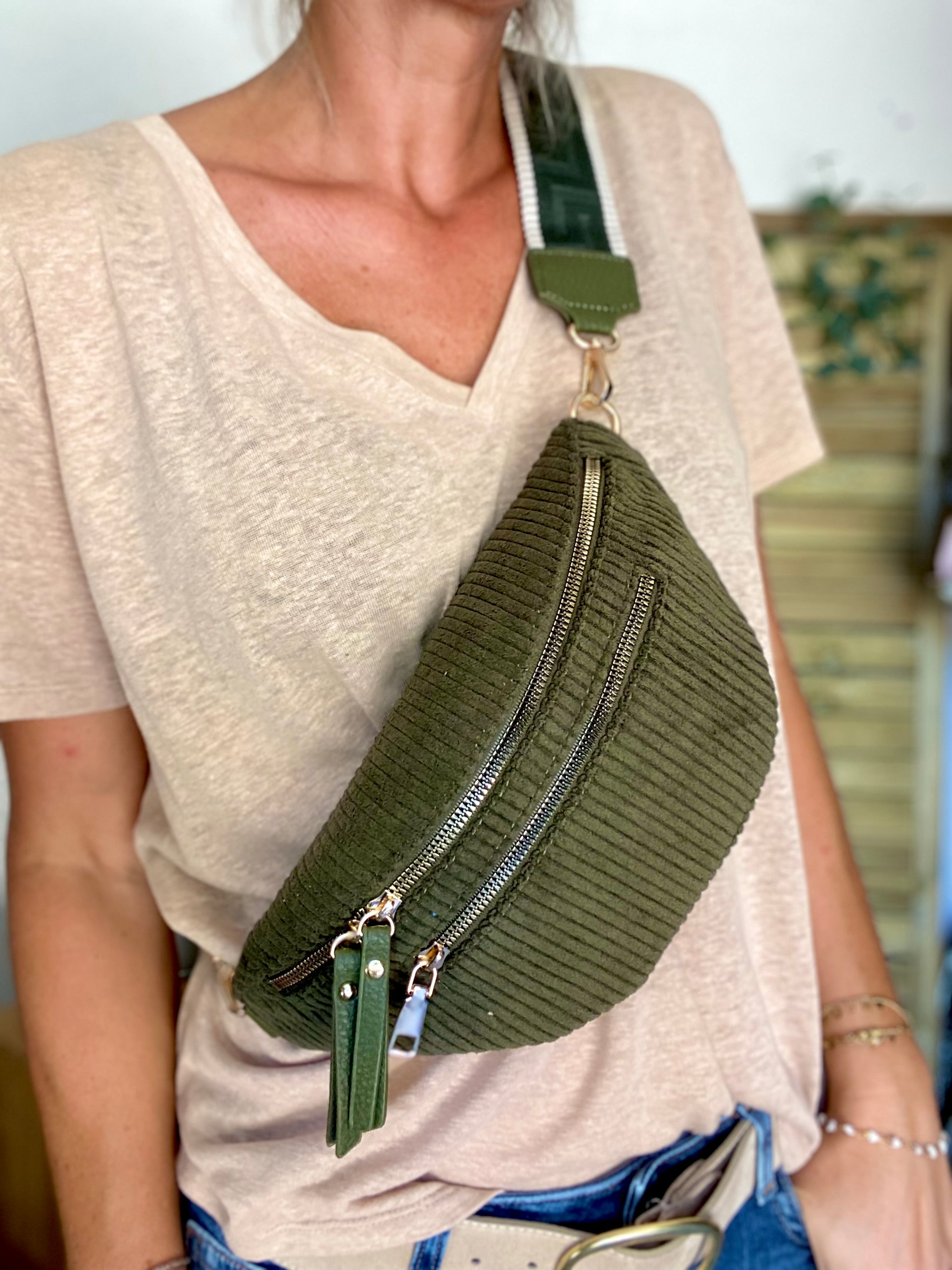 Sac banane en velours côtelé 2 zips et sangle fantaisie - CHARLY - Kaki (côtelé large)