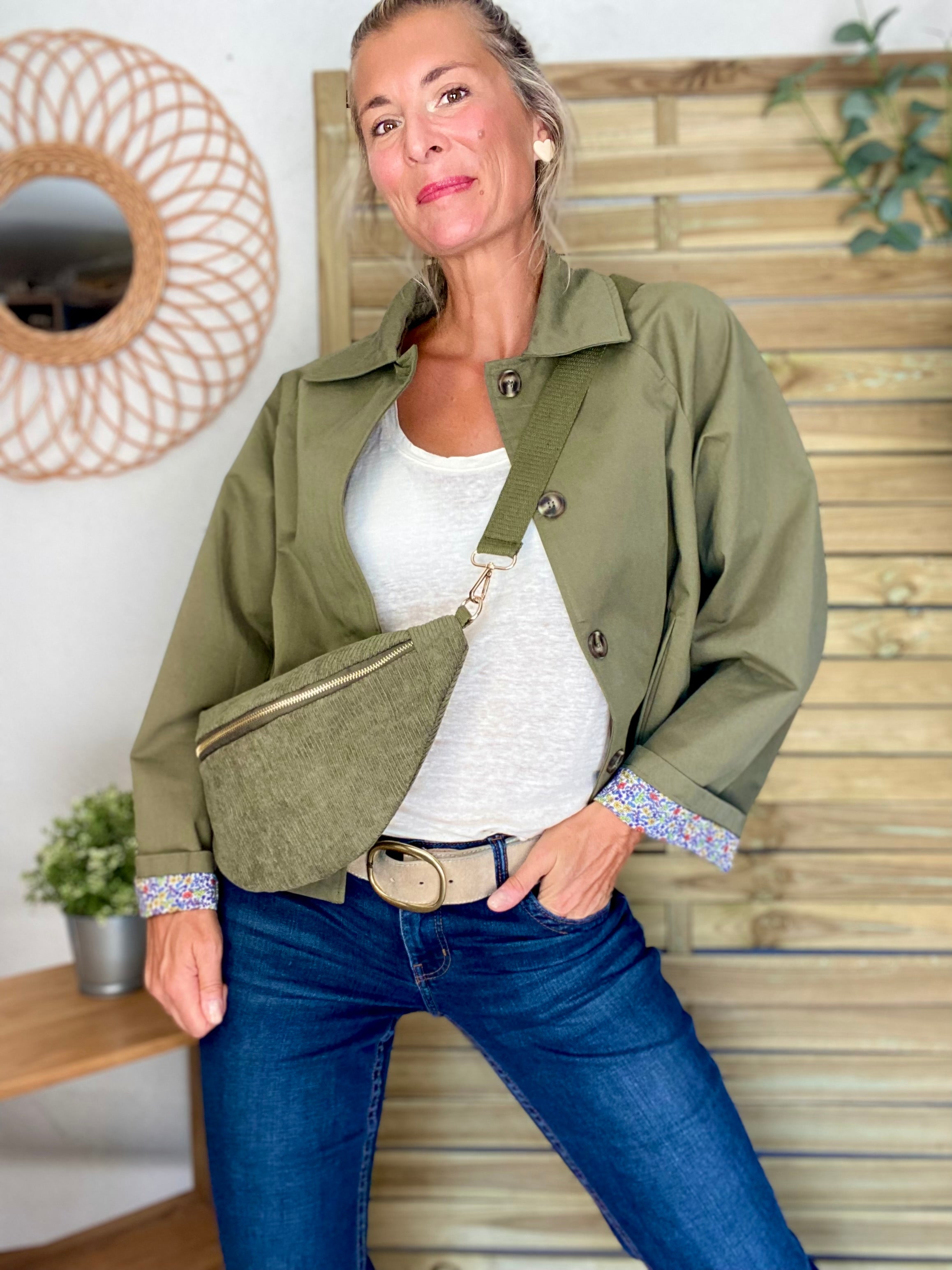 Veste Trench en coton kaki avec Liberty - MAHAUT