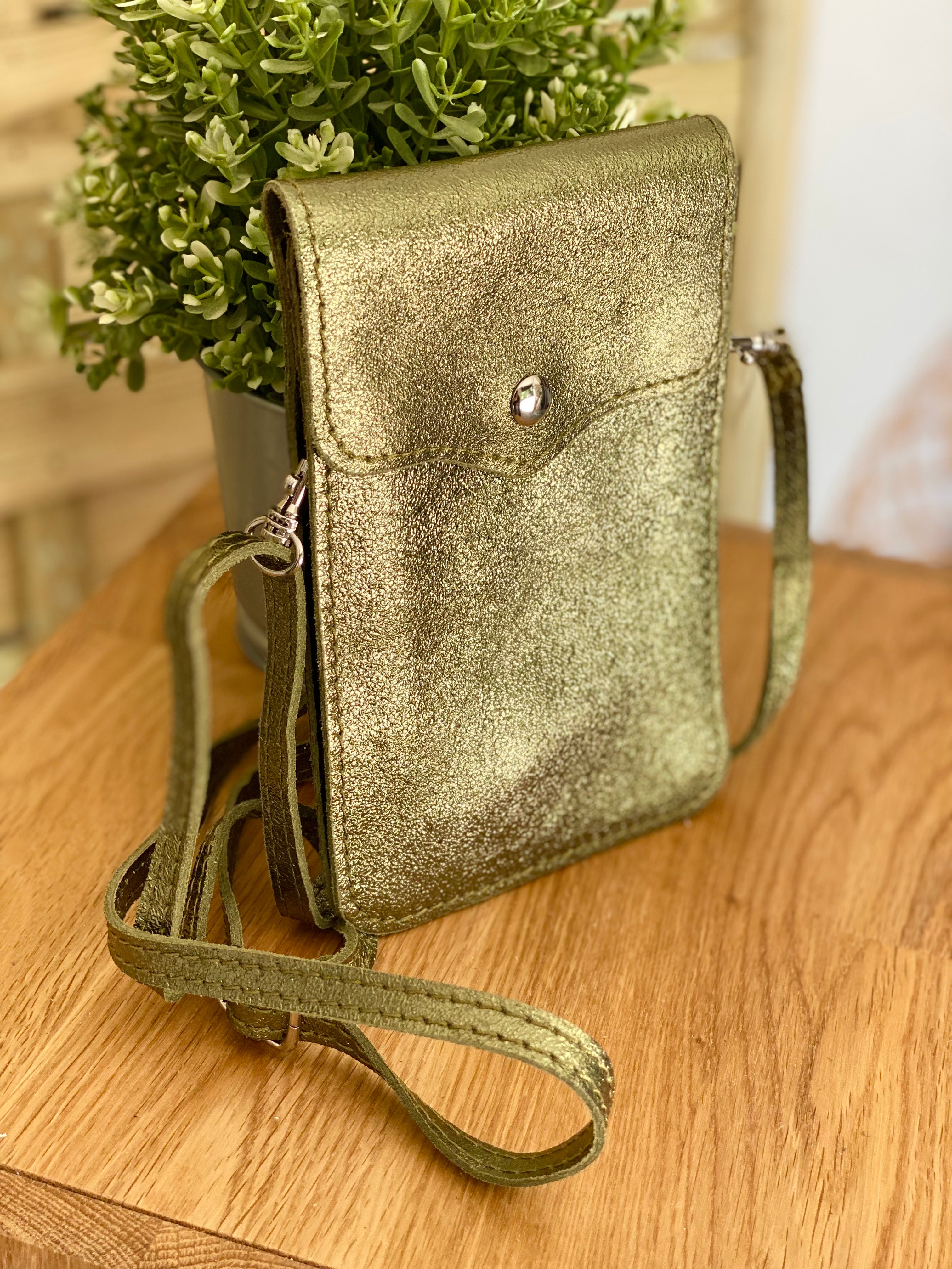 Pochette bandoulière en cuir irisé - FLORE - Kaki (7 coloris)