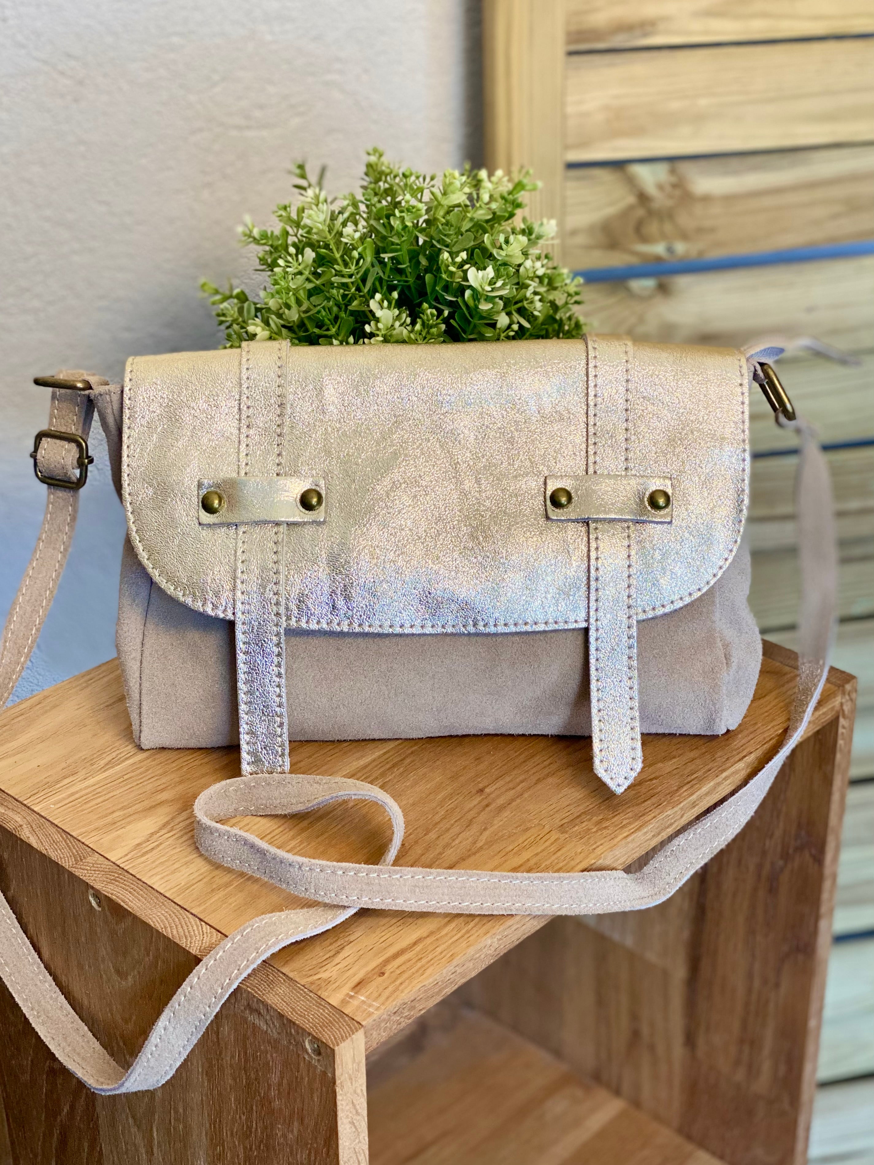 Sac bandoulière en cuir daim et irisé ESMÉE - Beige Doré