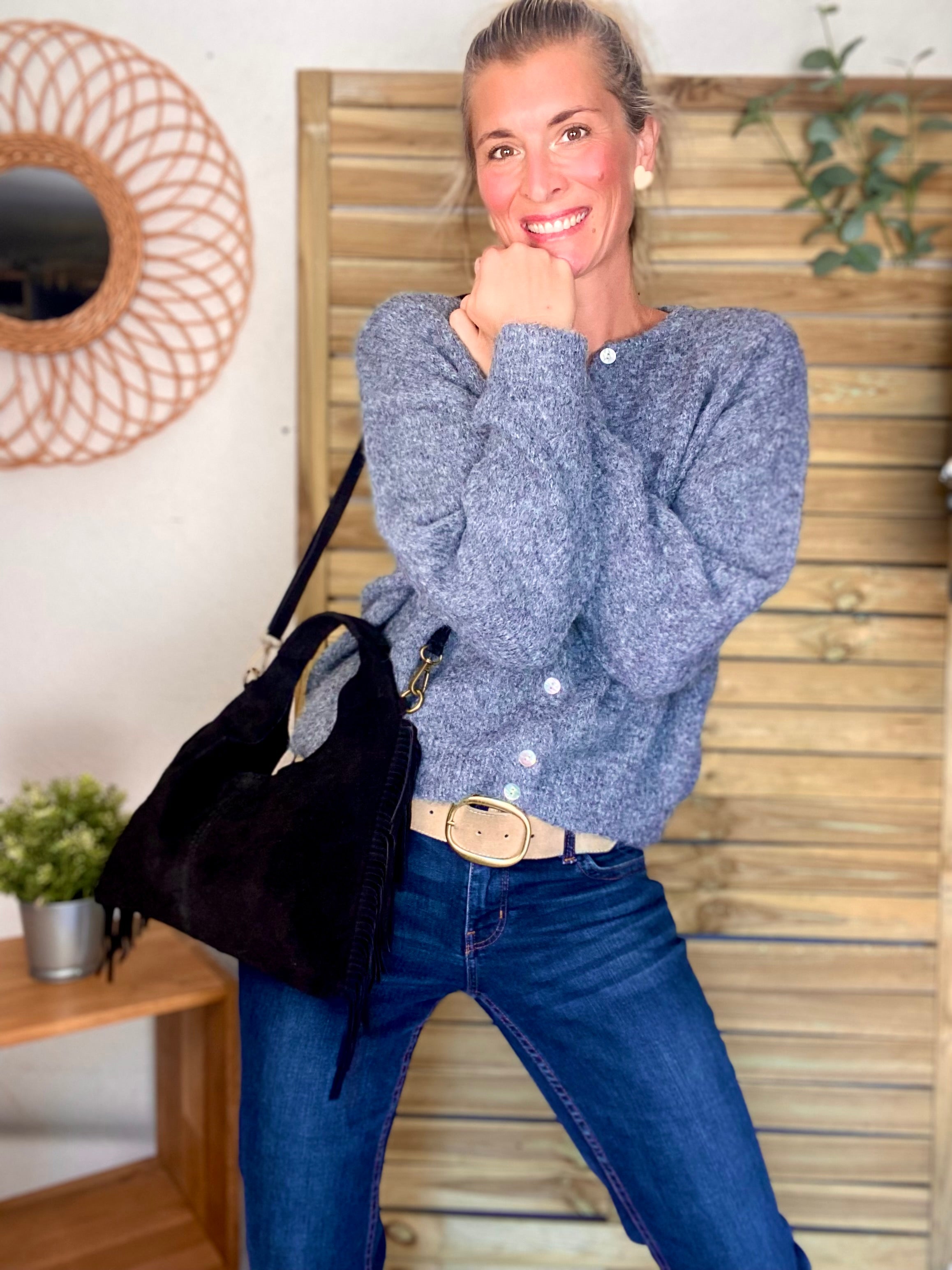 Sac en cuir daim avec franges AARON - Noir