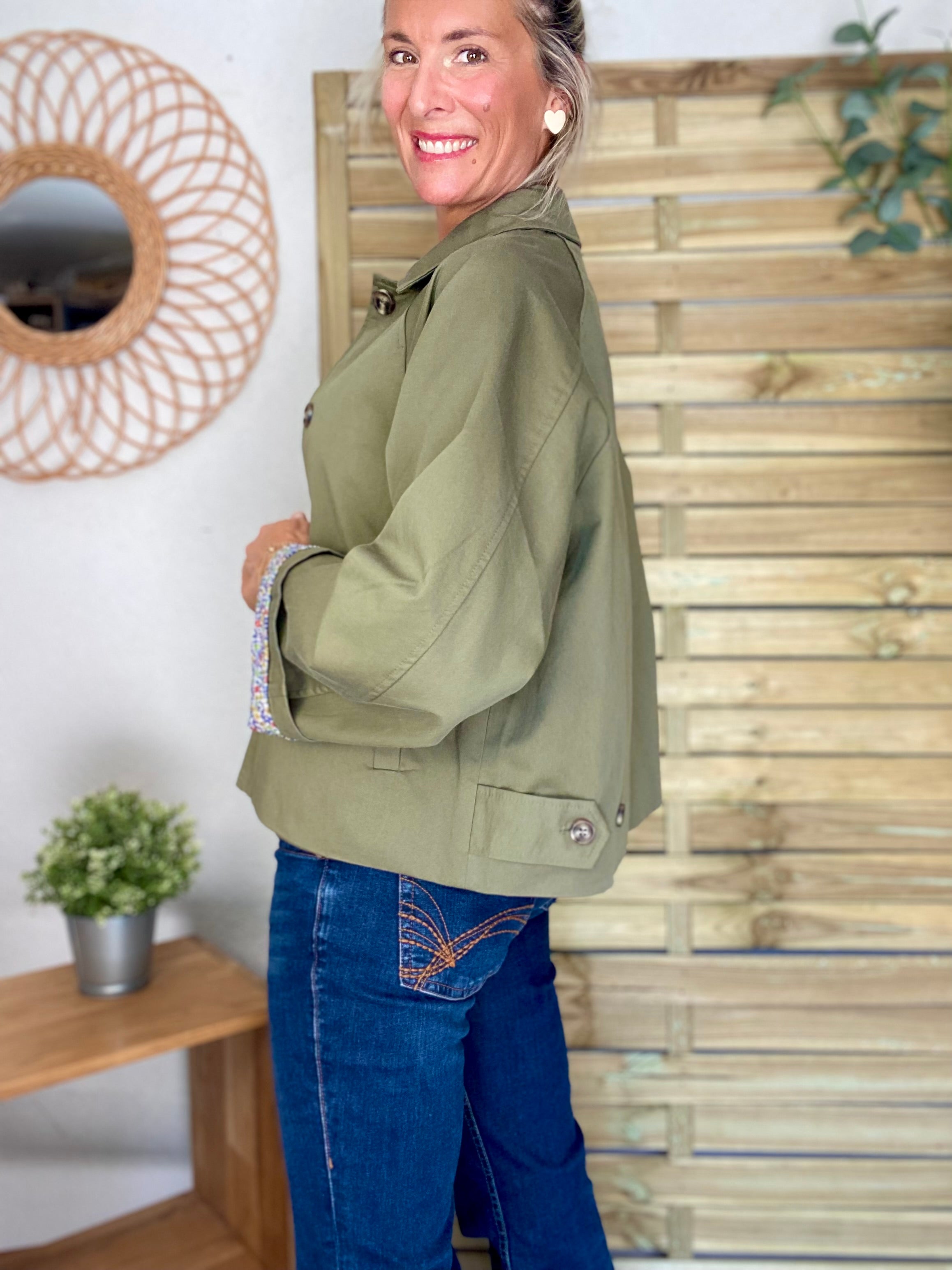 Veste Trench en coton kaki avec Liberty - MAHAUT