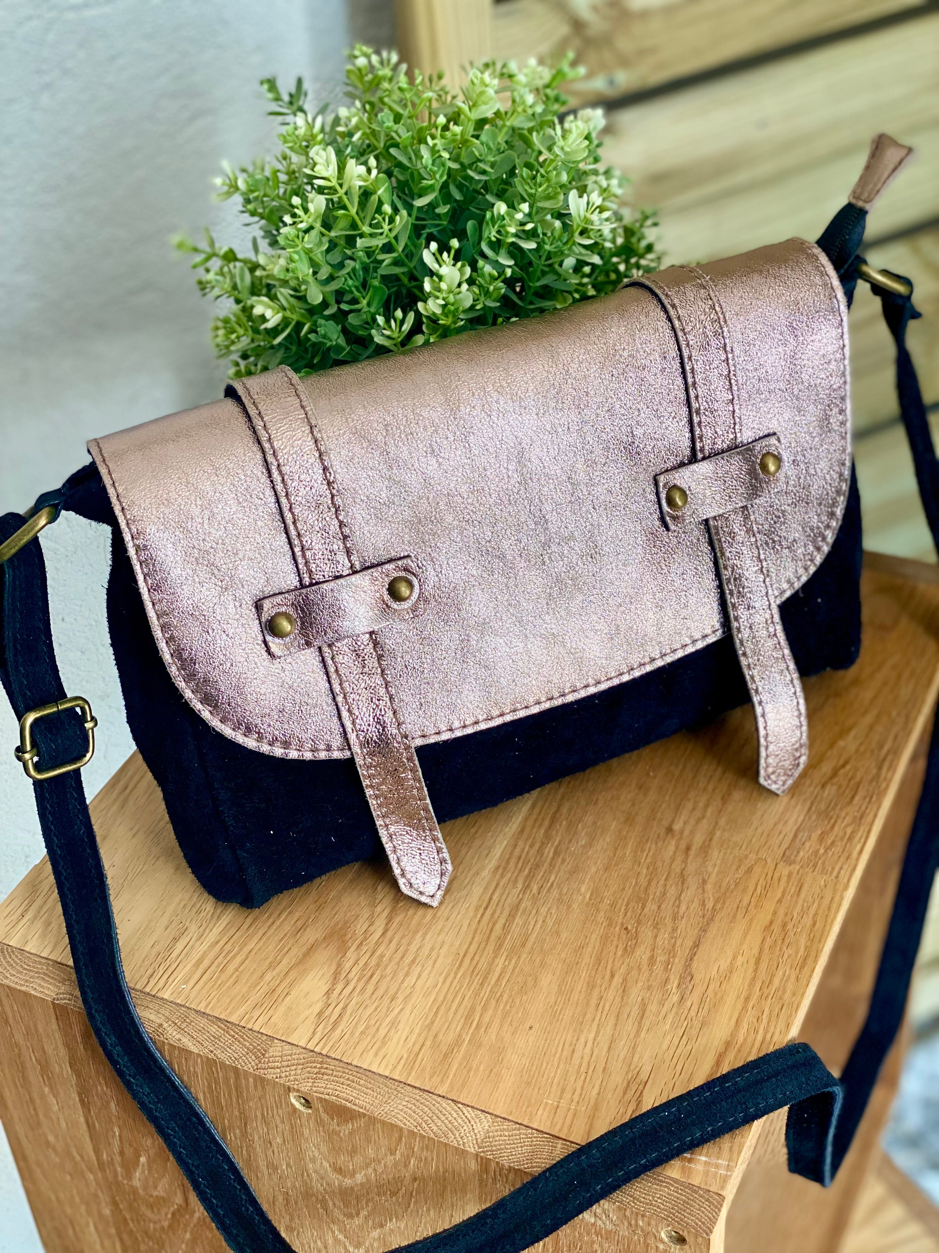 Sac bandoulière en cuir daim et irisé ESMÉE - Noir Bronze