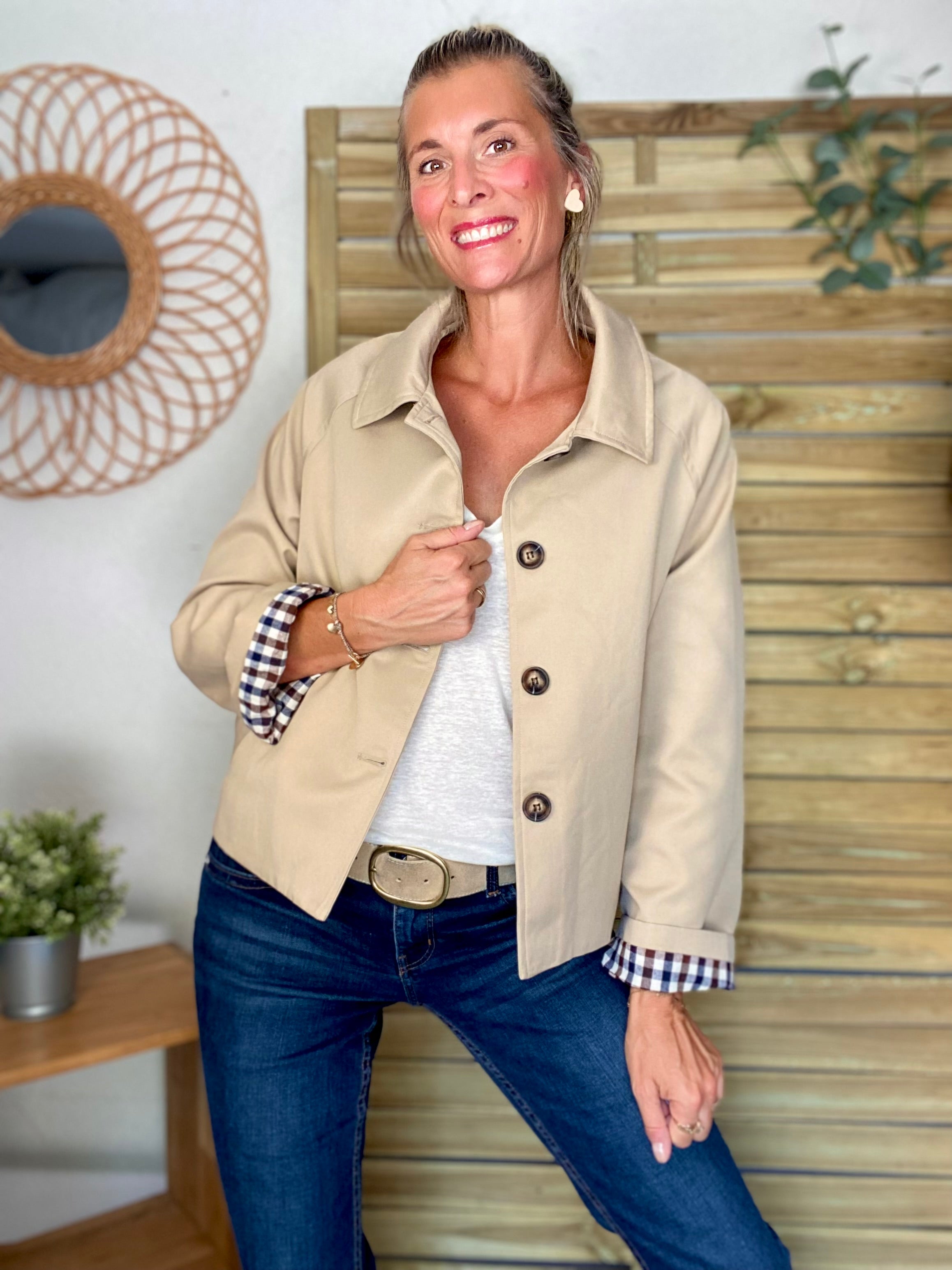 Veste Trench en coton beige avec vichy - YSEULT
