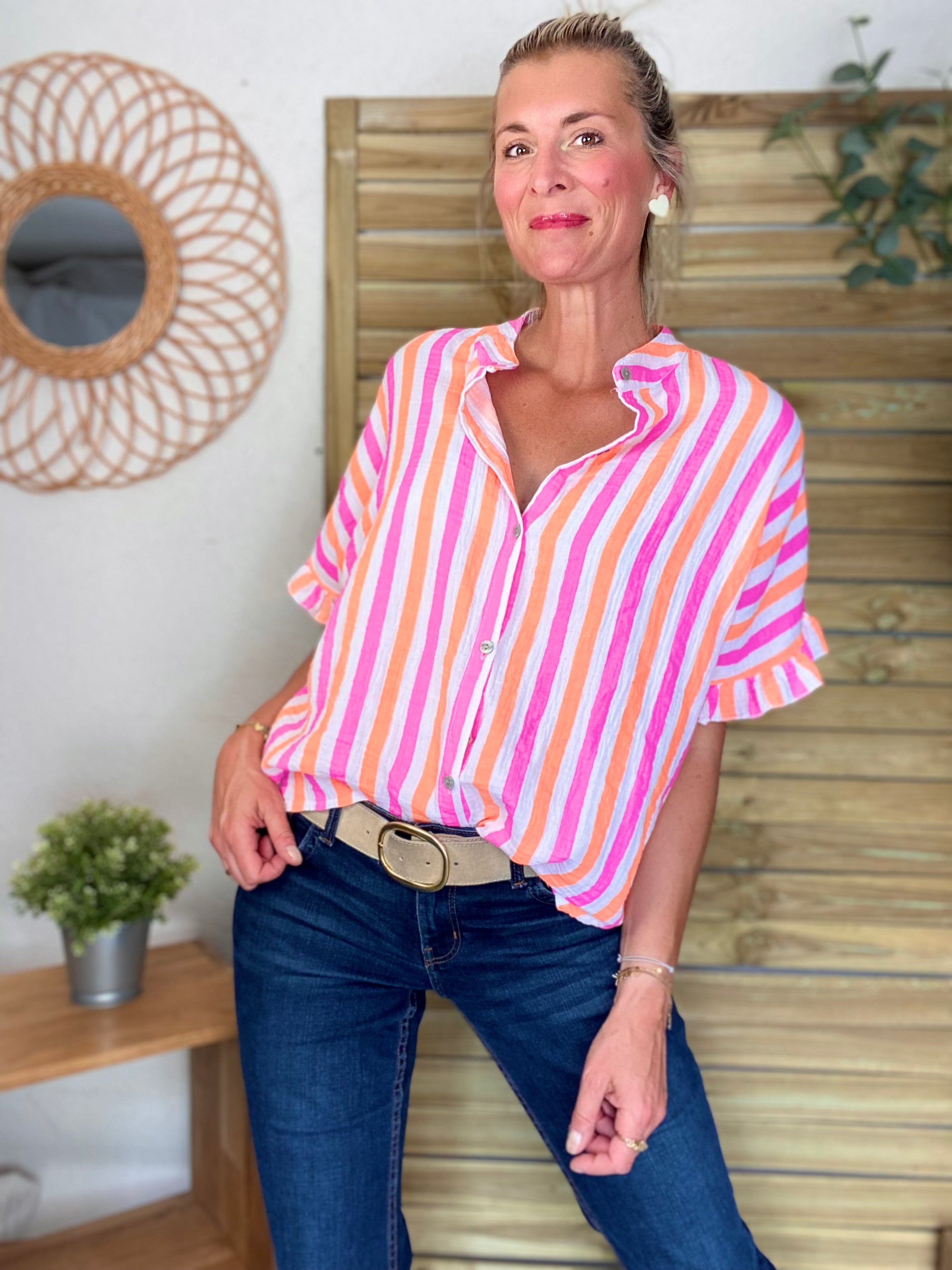 Chemise oversize rayée orange et fuschia en gaze de coton FÉLICIE