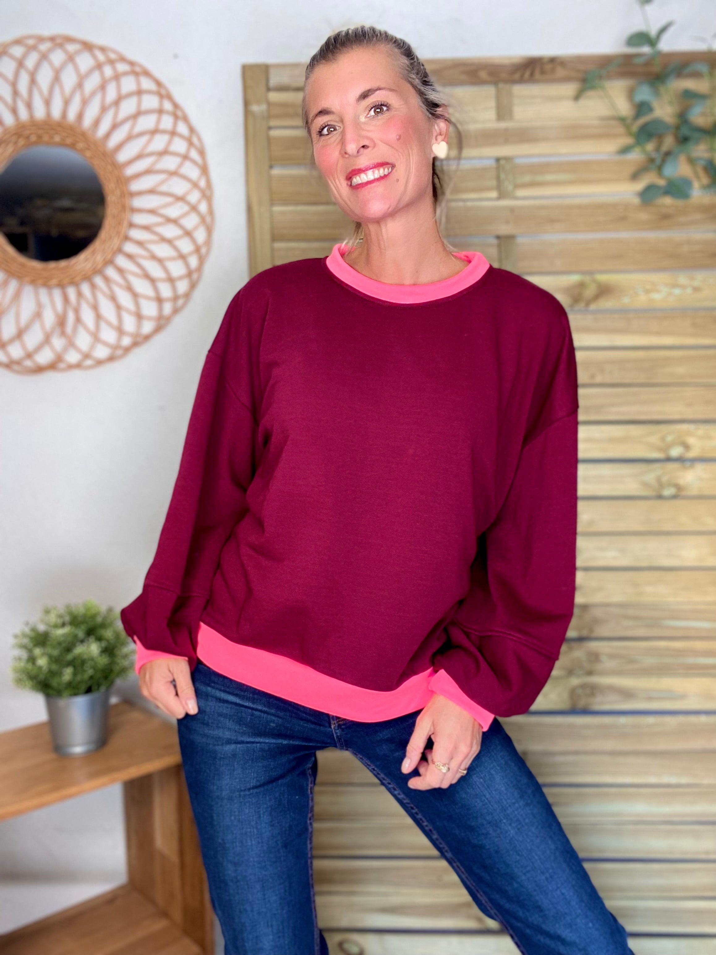 Sweat oversize uni Bordeaux/Rose fluo ISALINE