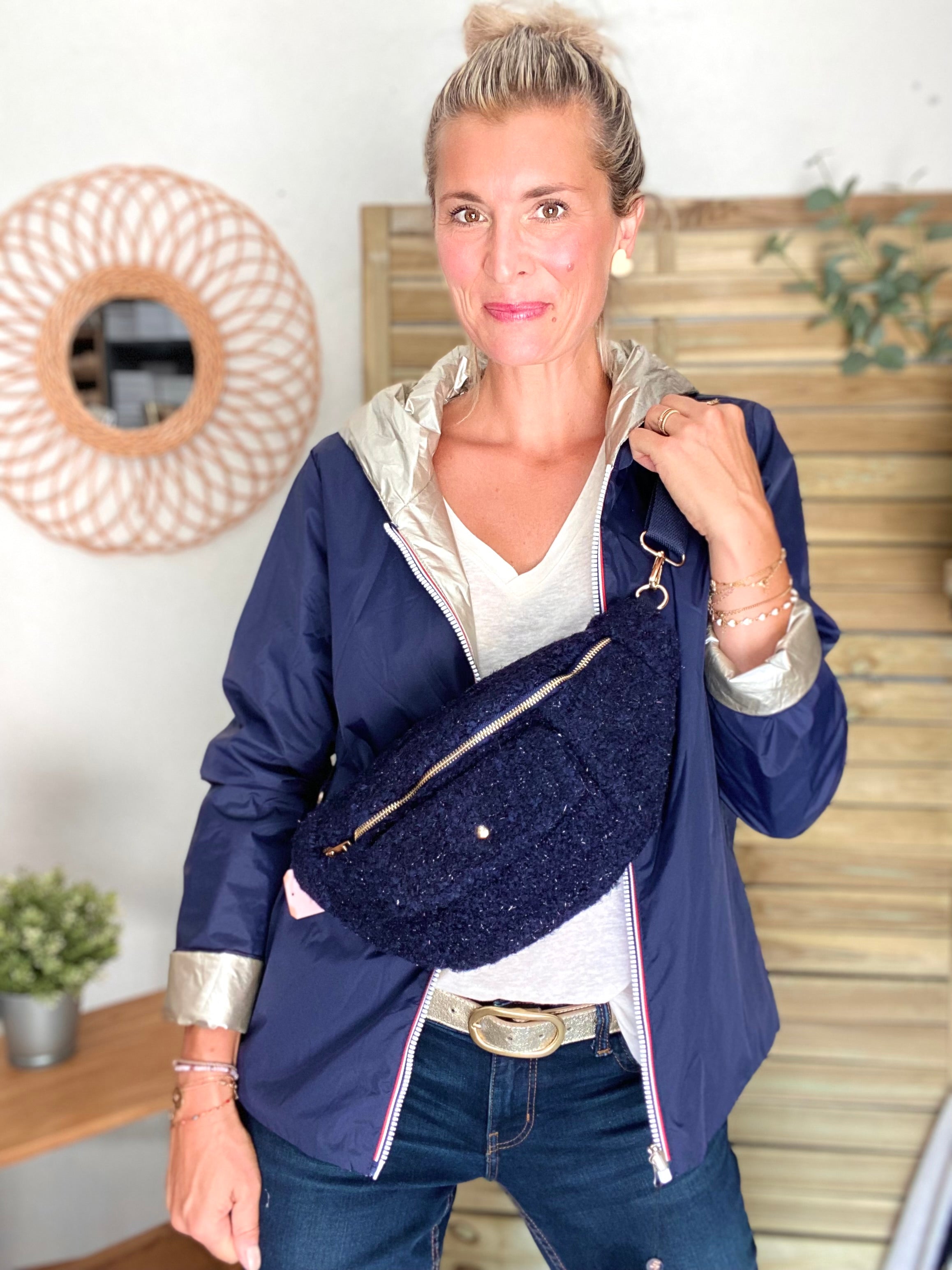 Sac banane XL moumoute lurex avec poche avant - CHELSEA - Marine