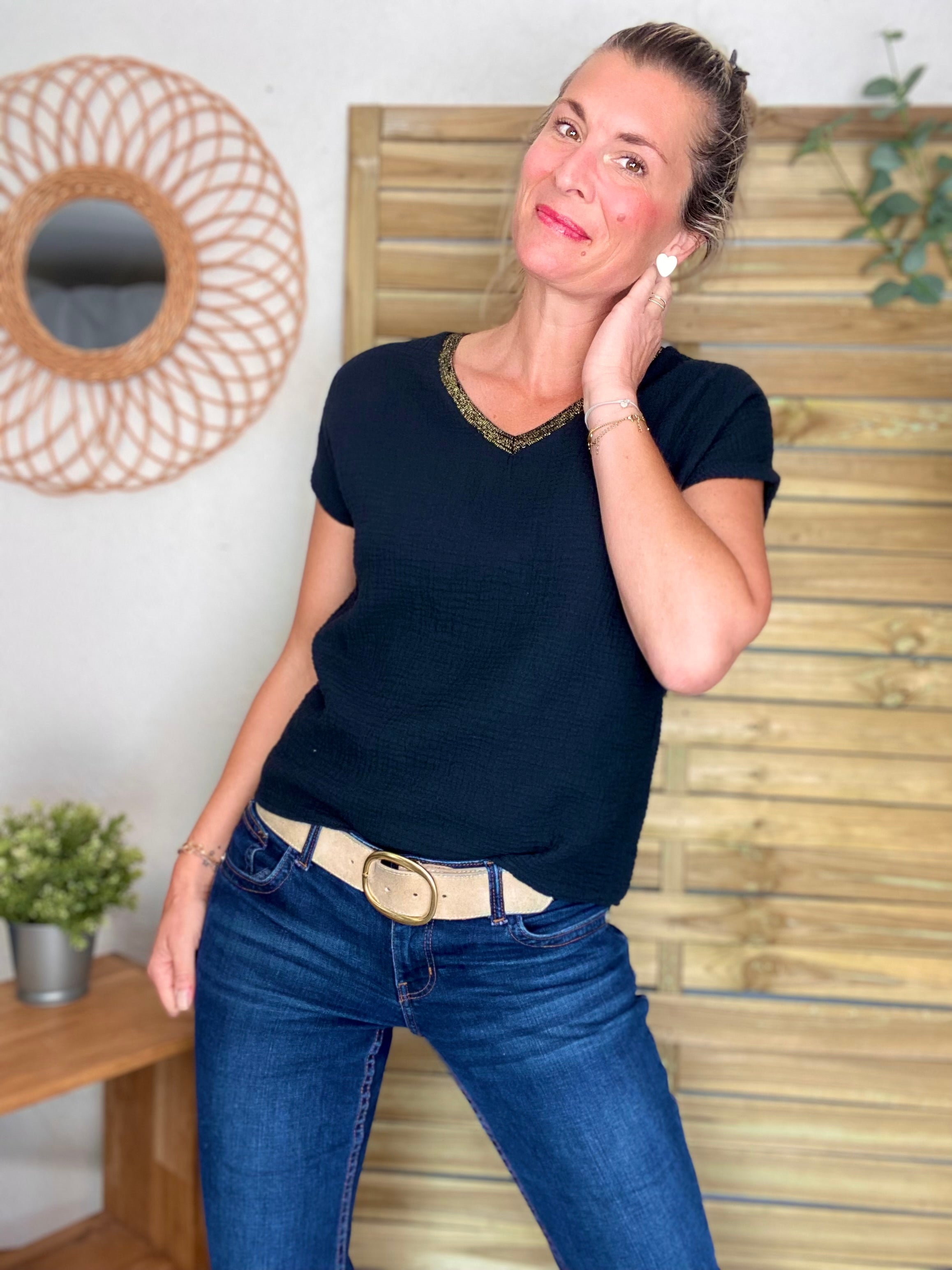 Précommande Expédition mi mai - Top en gaze de coton et lurex MARTA - Noir