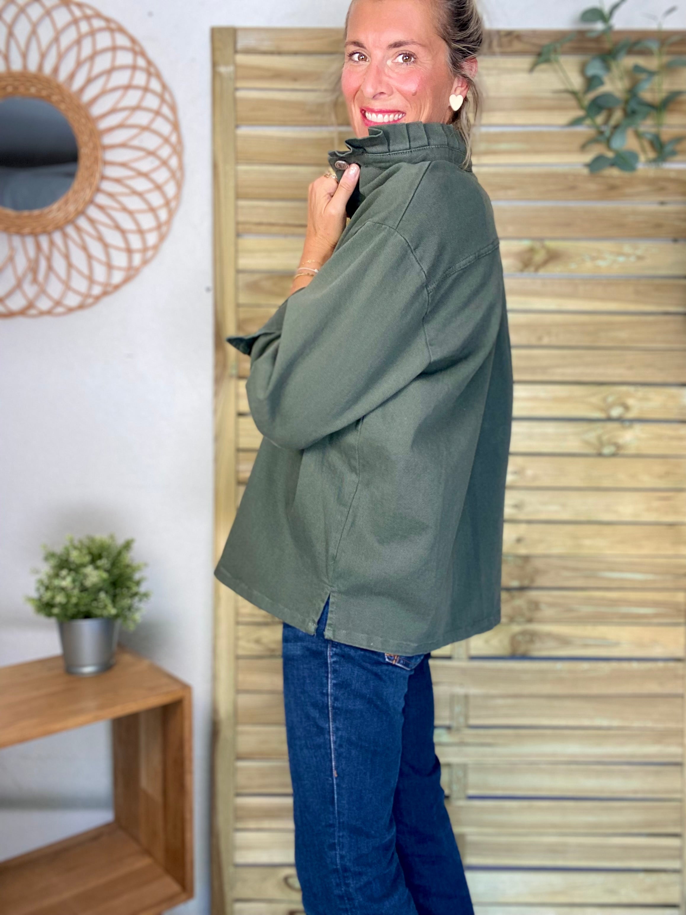 Veste / Chemise en coton, col volanté Kaki LISON