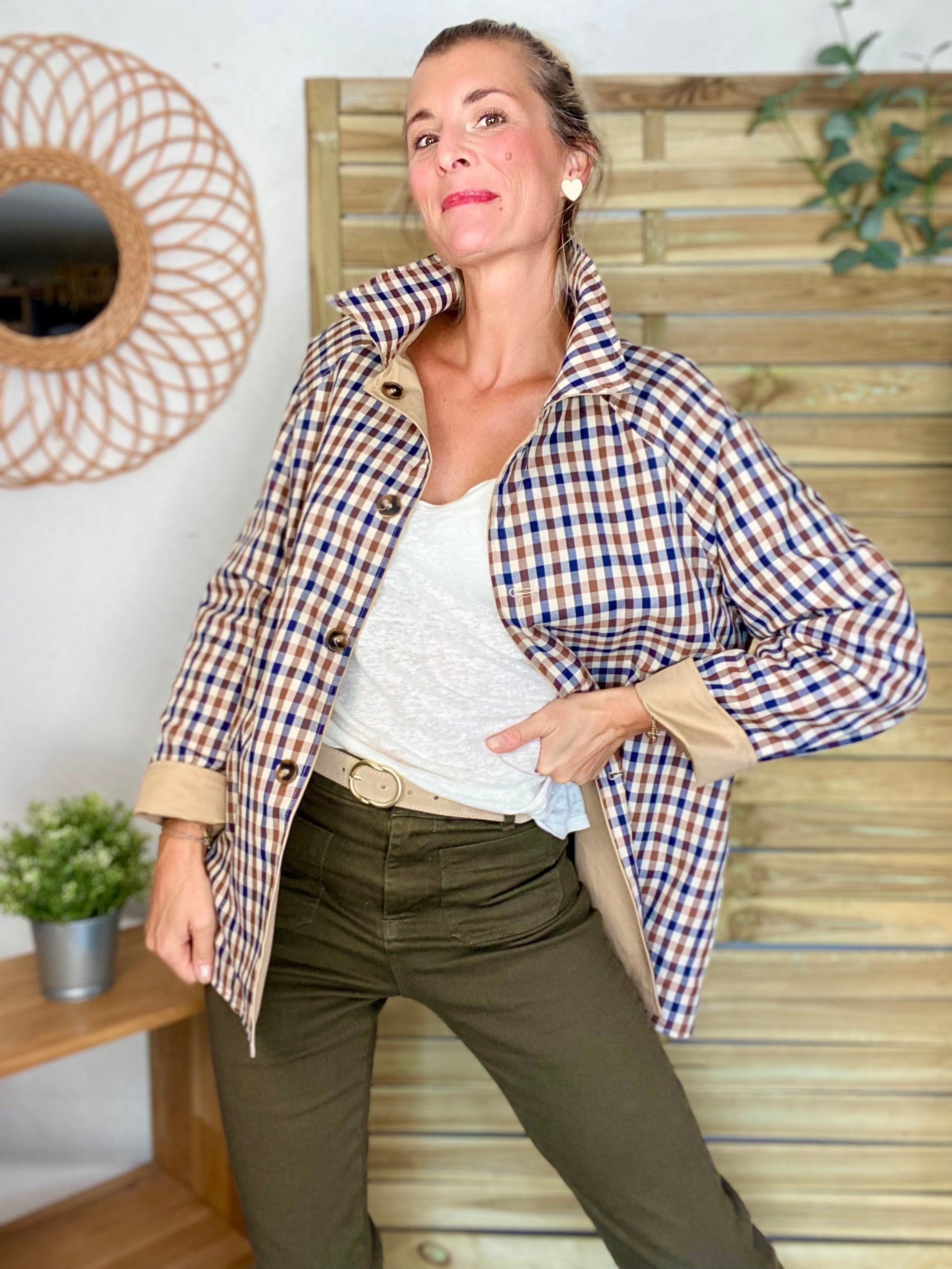 Veste Trench mi long réversible vichy LENA - Camel clair