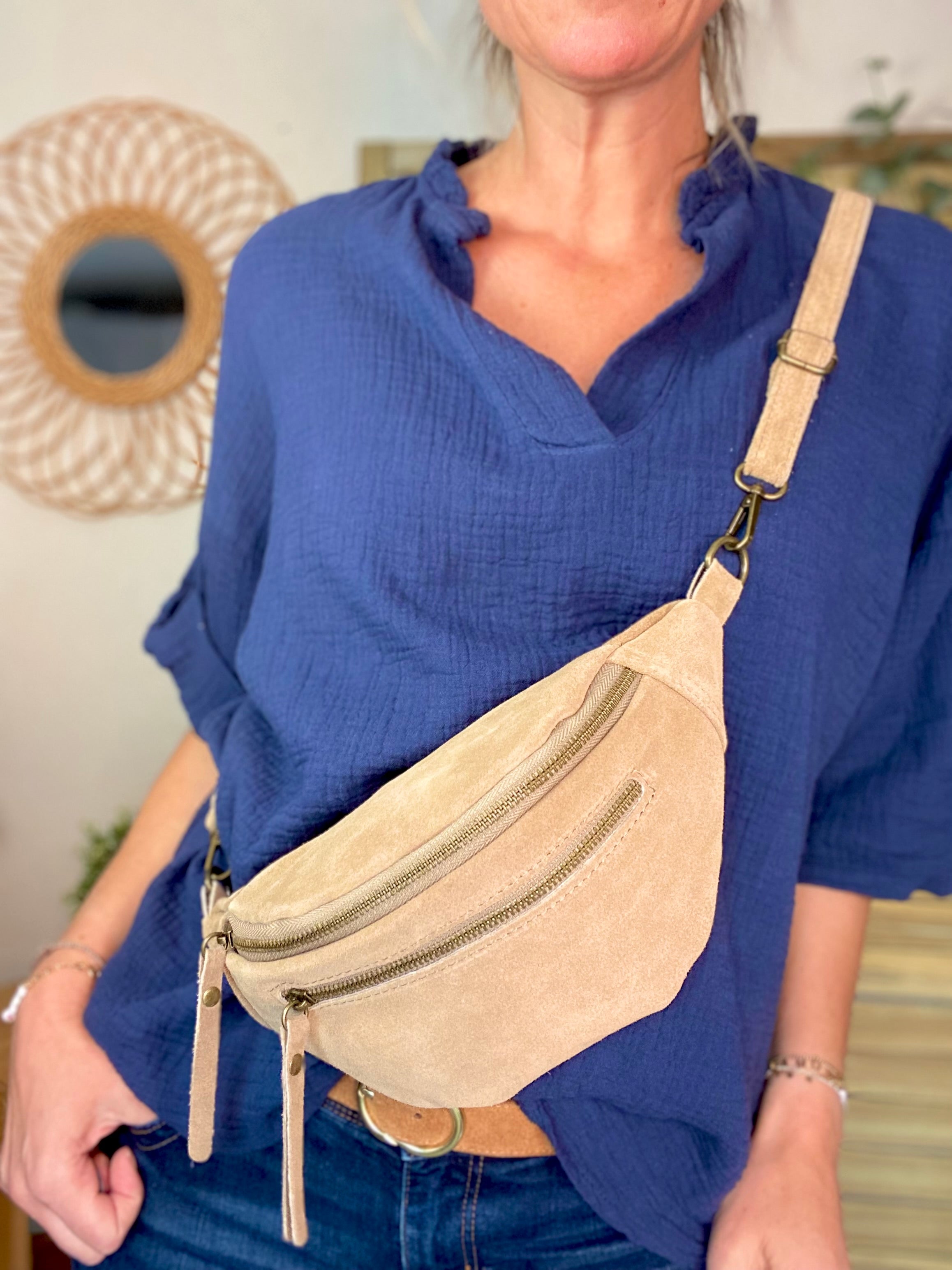 Sac banane double poche en cuir daim - OPALINE - Beige Taupe clair (Tan)