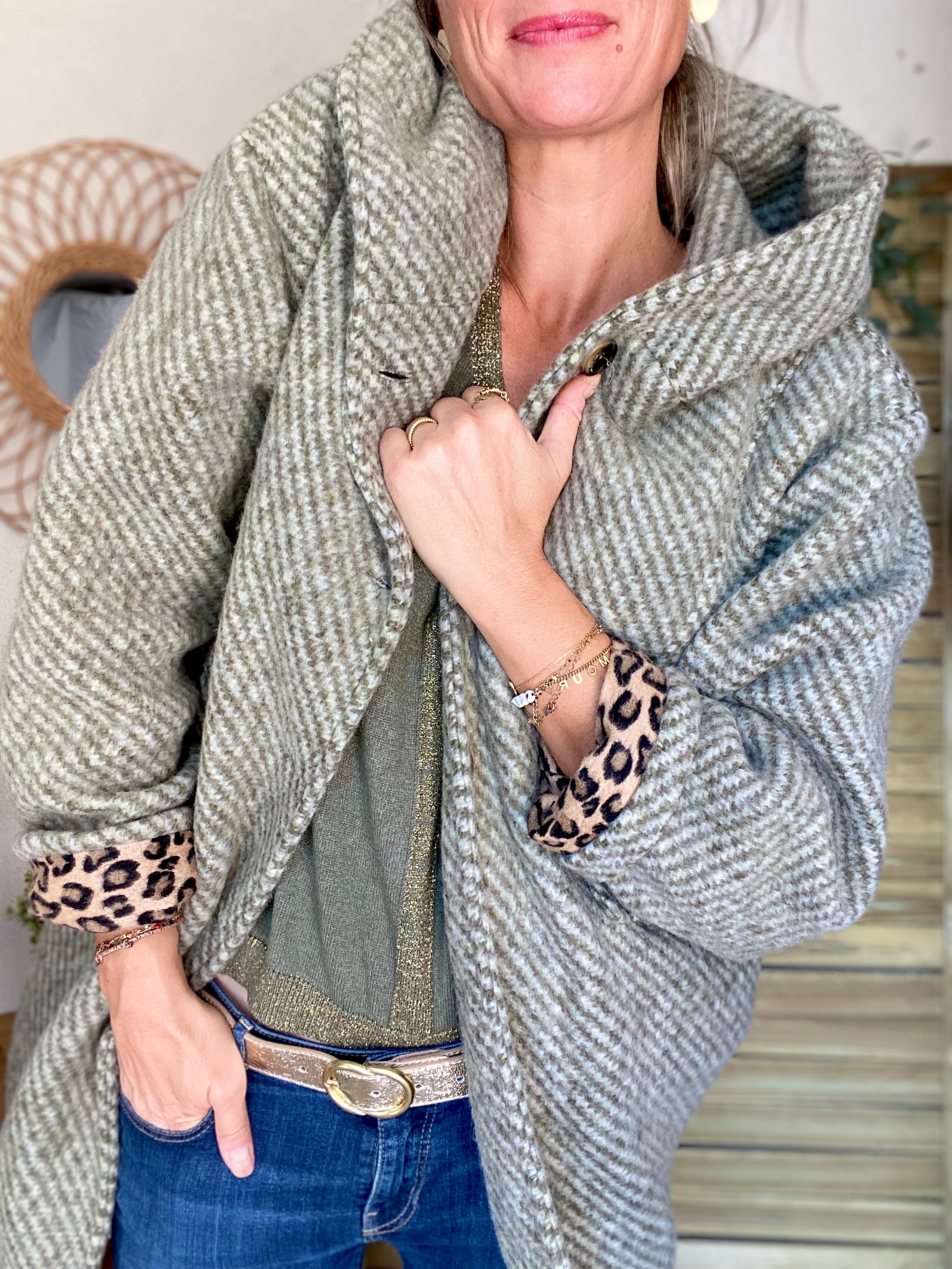 Manteau laine AGATHE avec détails Léo (étoile capuche) - Kaki - FIN DE SÉRIE