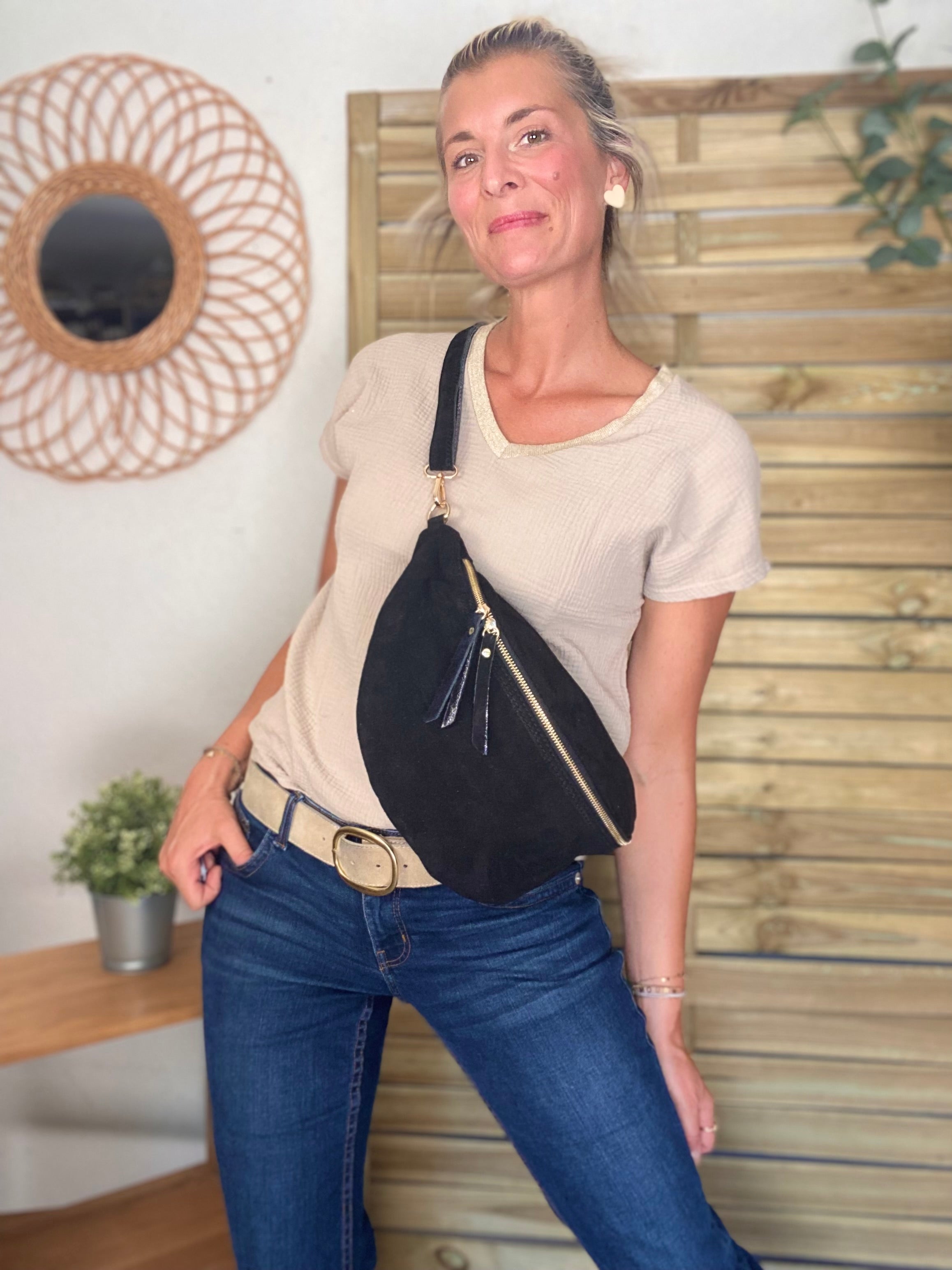 Sac banane XL en croite de cuir - JANE - Noir