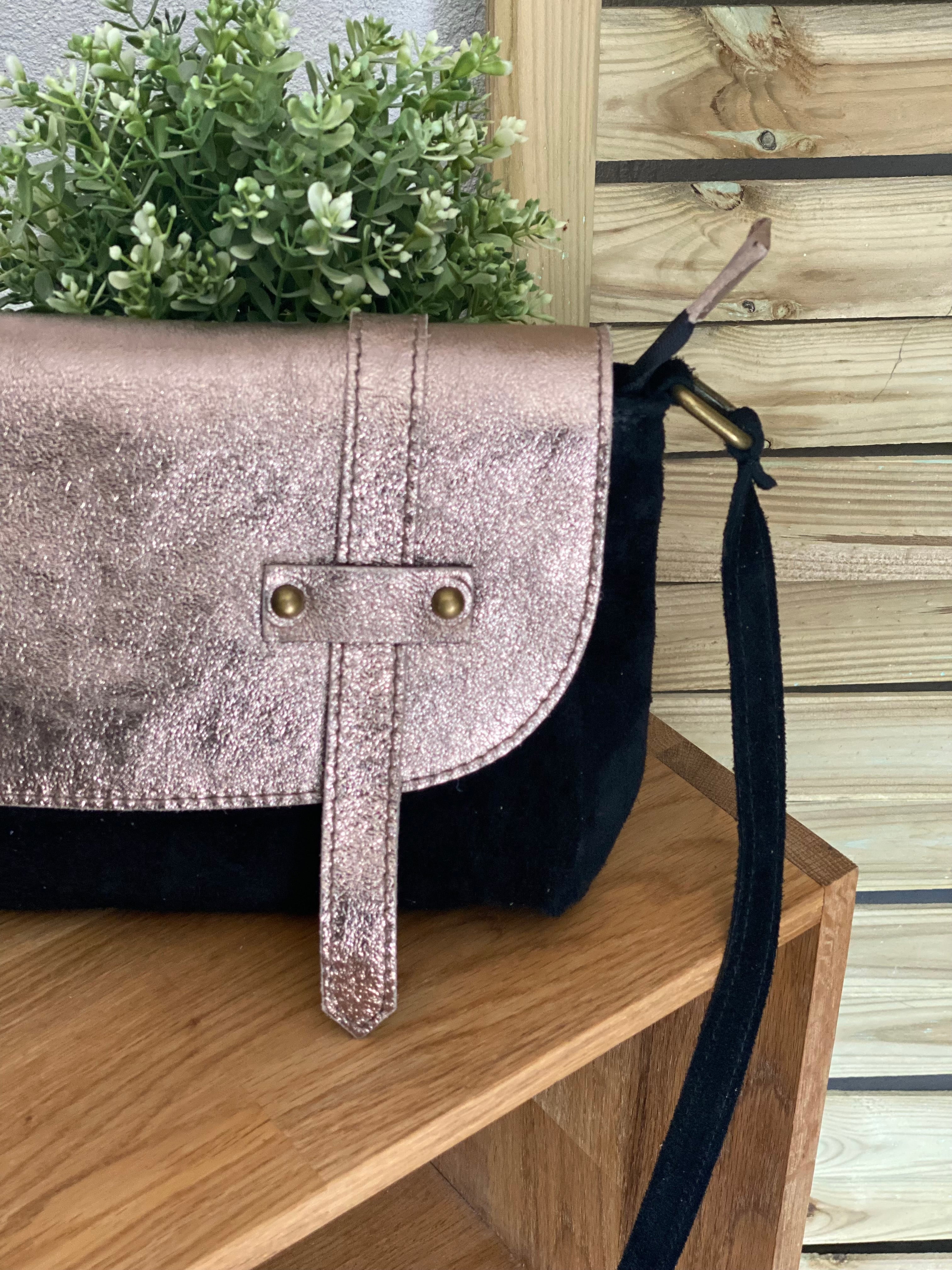 Sac bandoulière en cuir daim et irisé ESMÉE - Noir Bronze