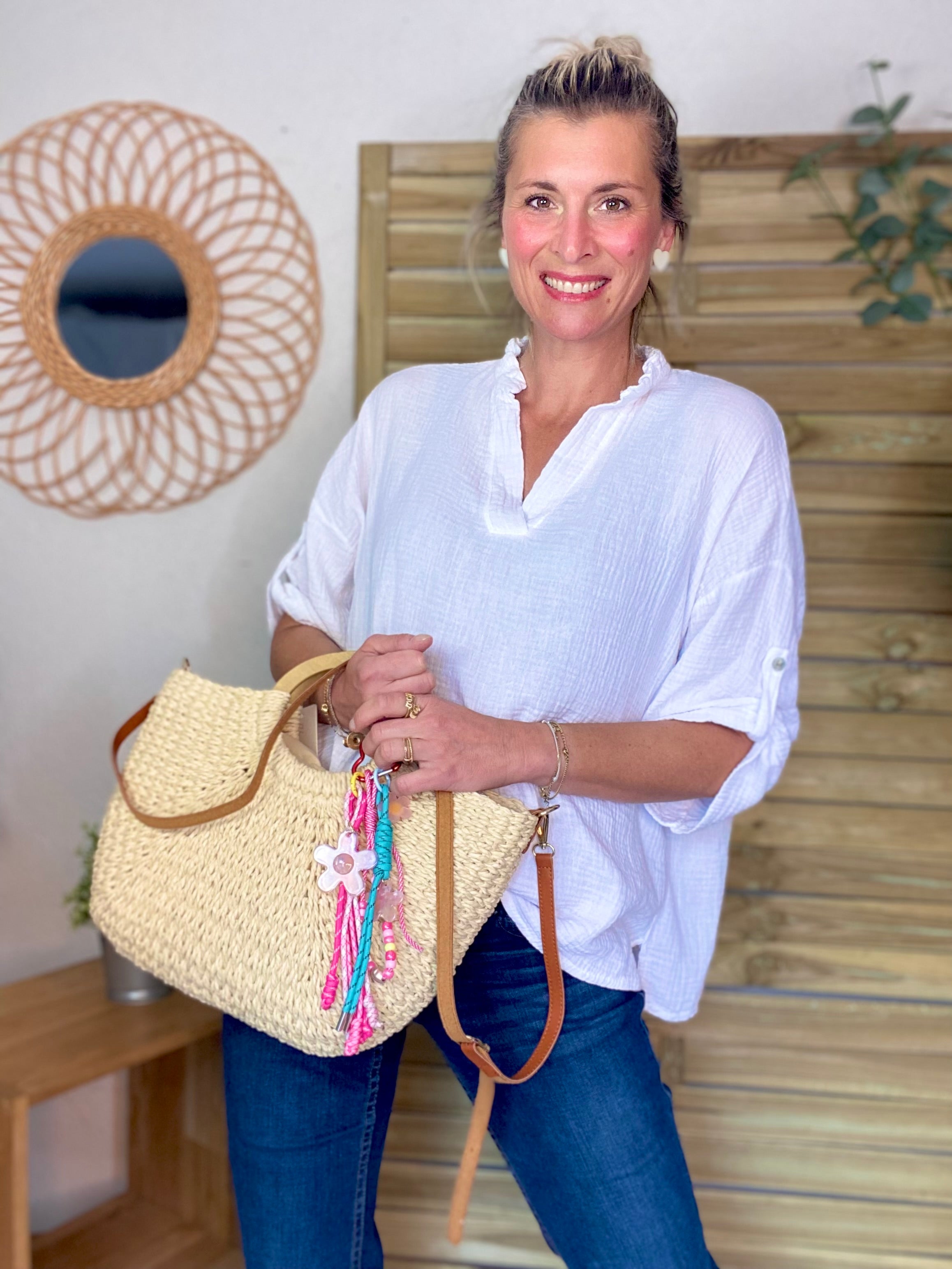 Sac à main et bandoulière en Paille PAULA - Beige clair