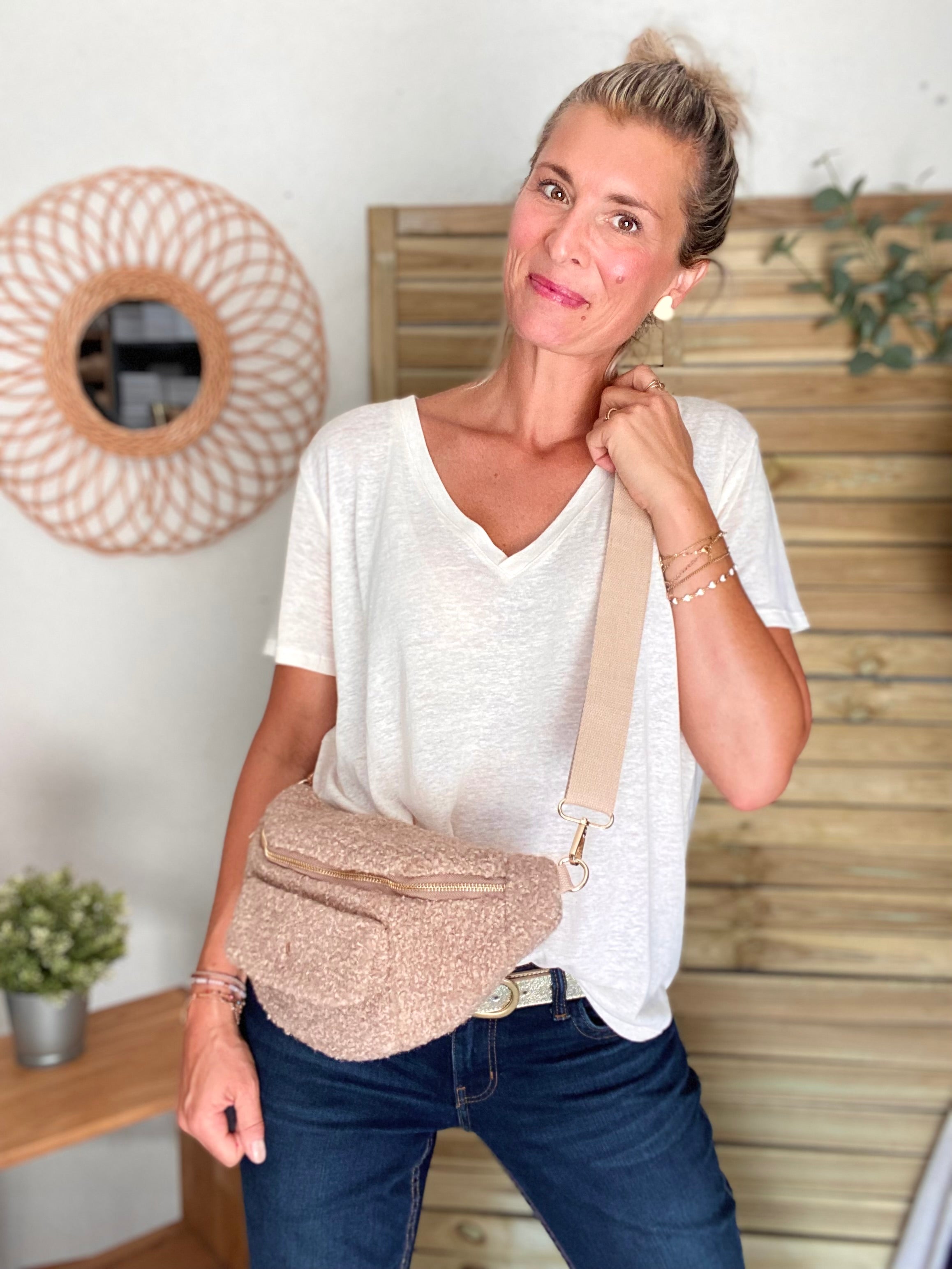 Sac banane XL moumoute lurex avec poche avant - CHELSEA - Beige taupe