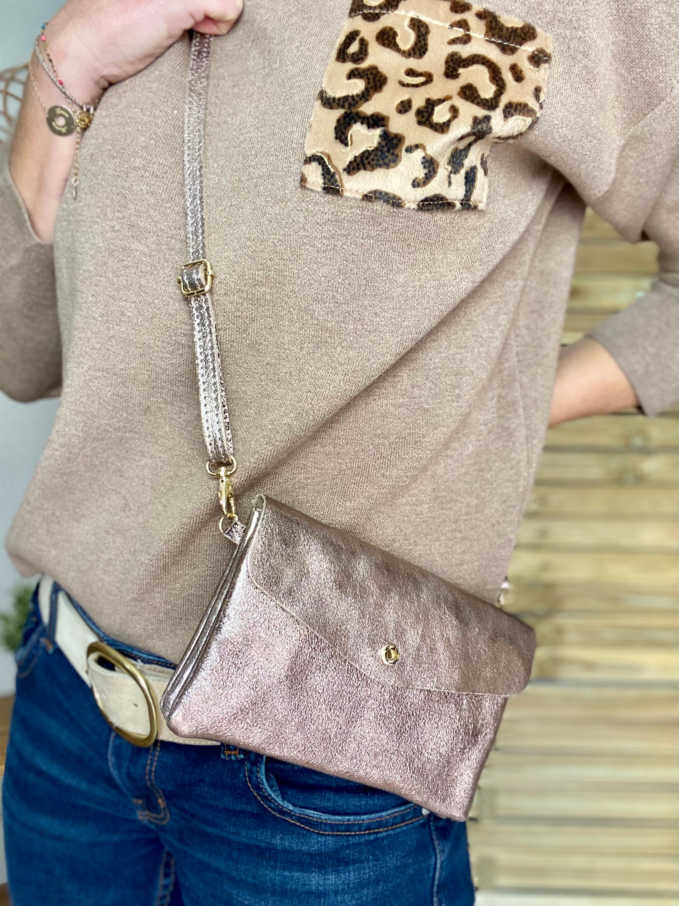 Sac bandoulière / Pochette en cuir irisé - BETTY - Bronze
