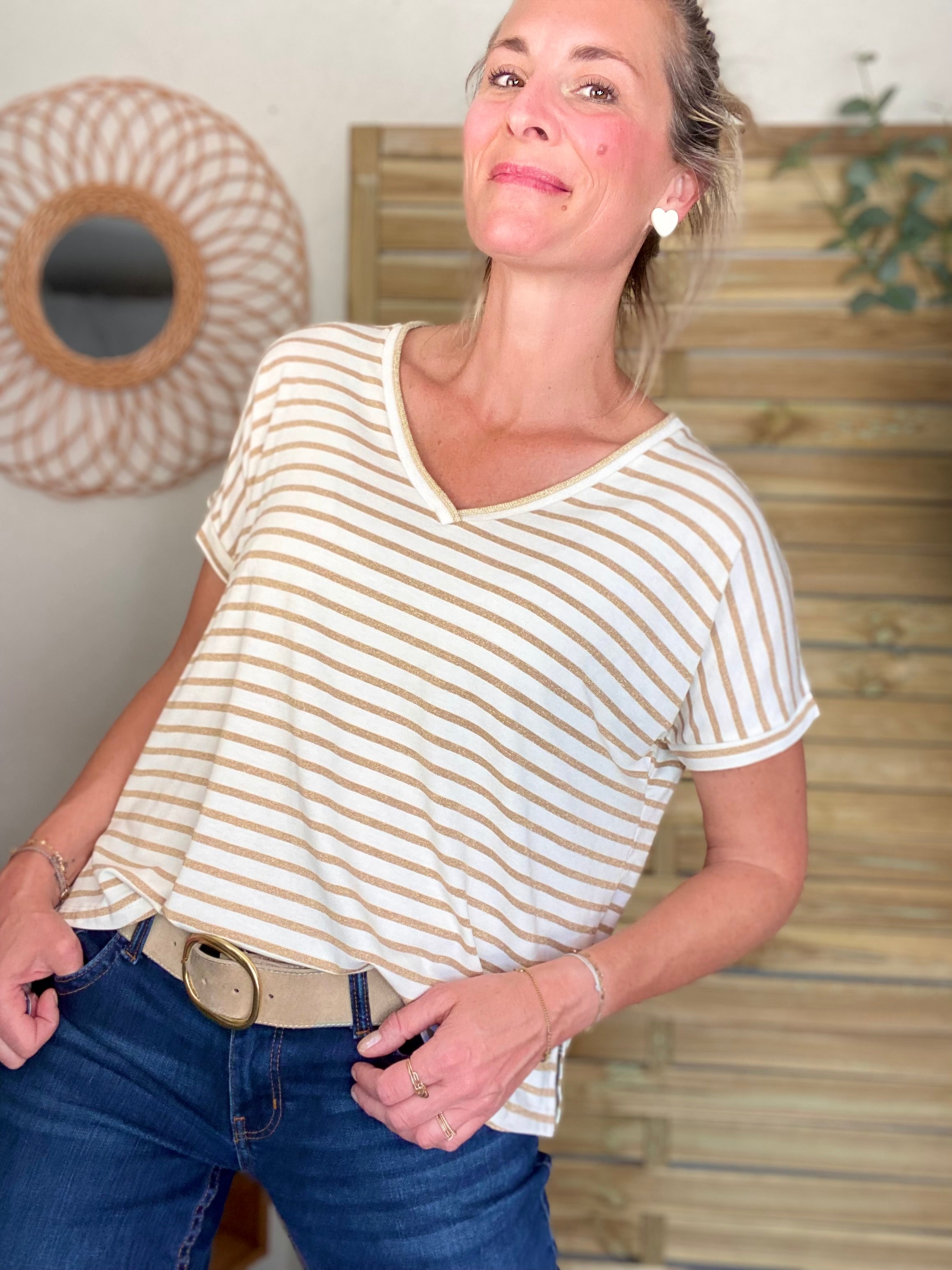 Top rayé col V avec étoile ⭐️ NAOMI - Doré