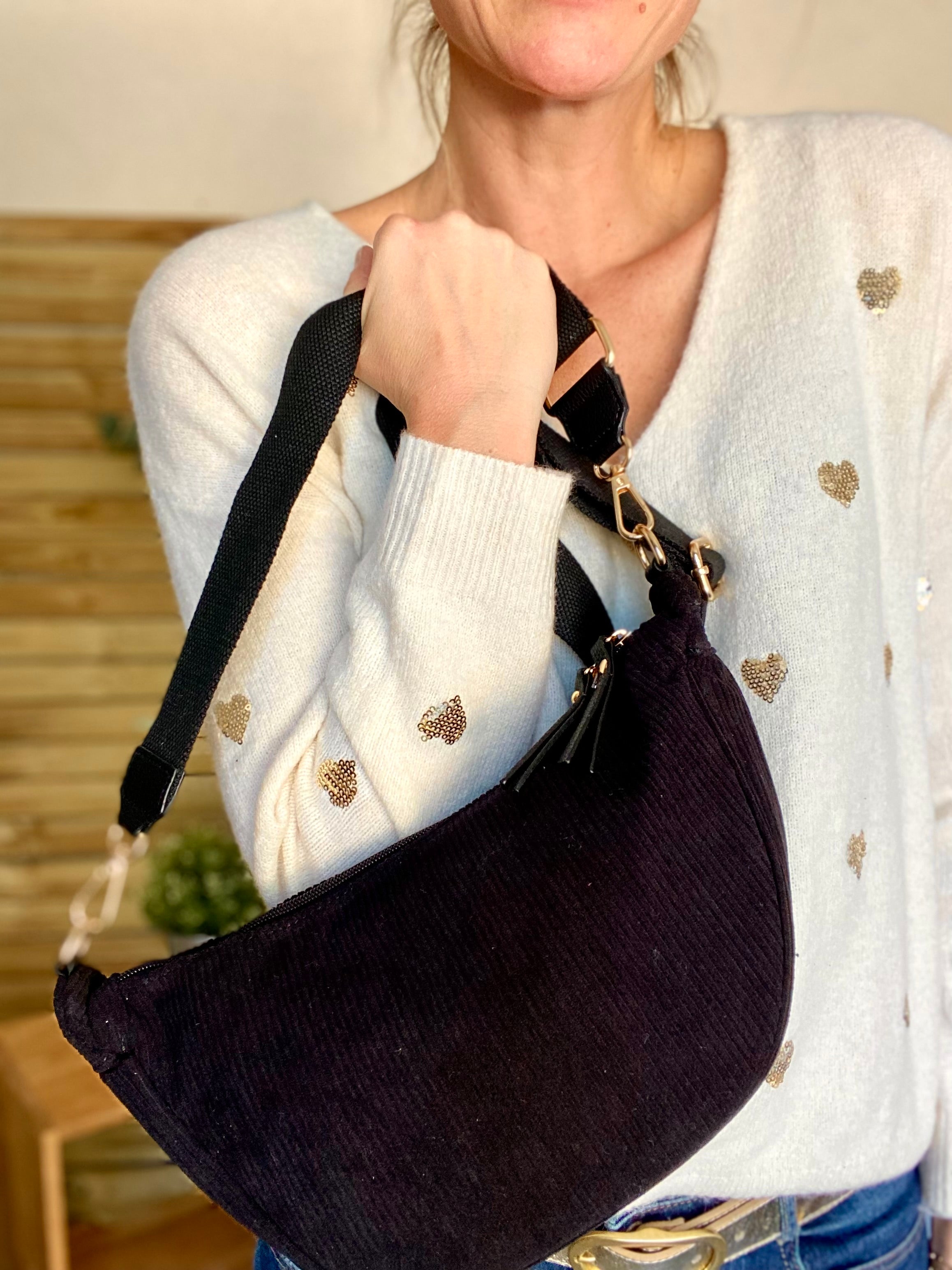 Sac besace demi-lune XL velours côtelé - AMY - Noir