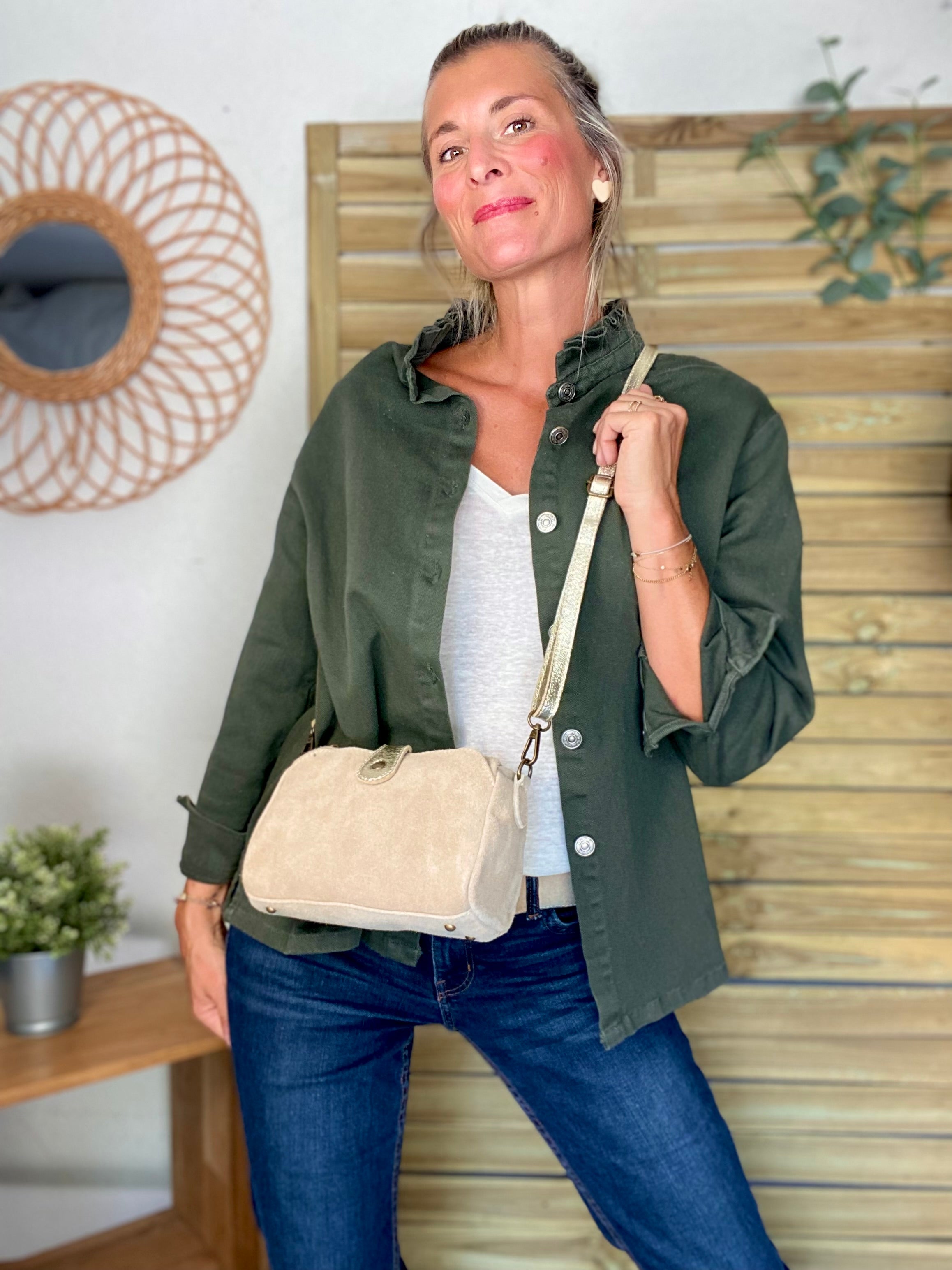 Sac bandoulière en cuir EZRA - Beige/Doré