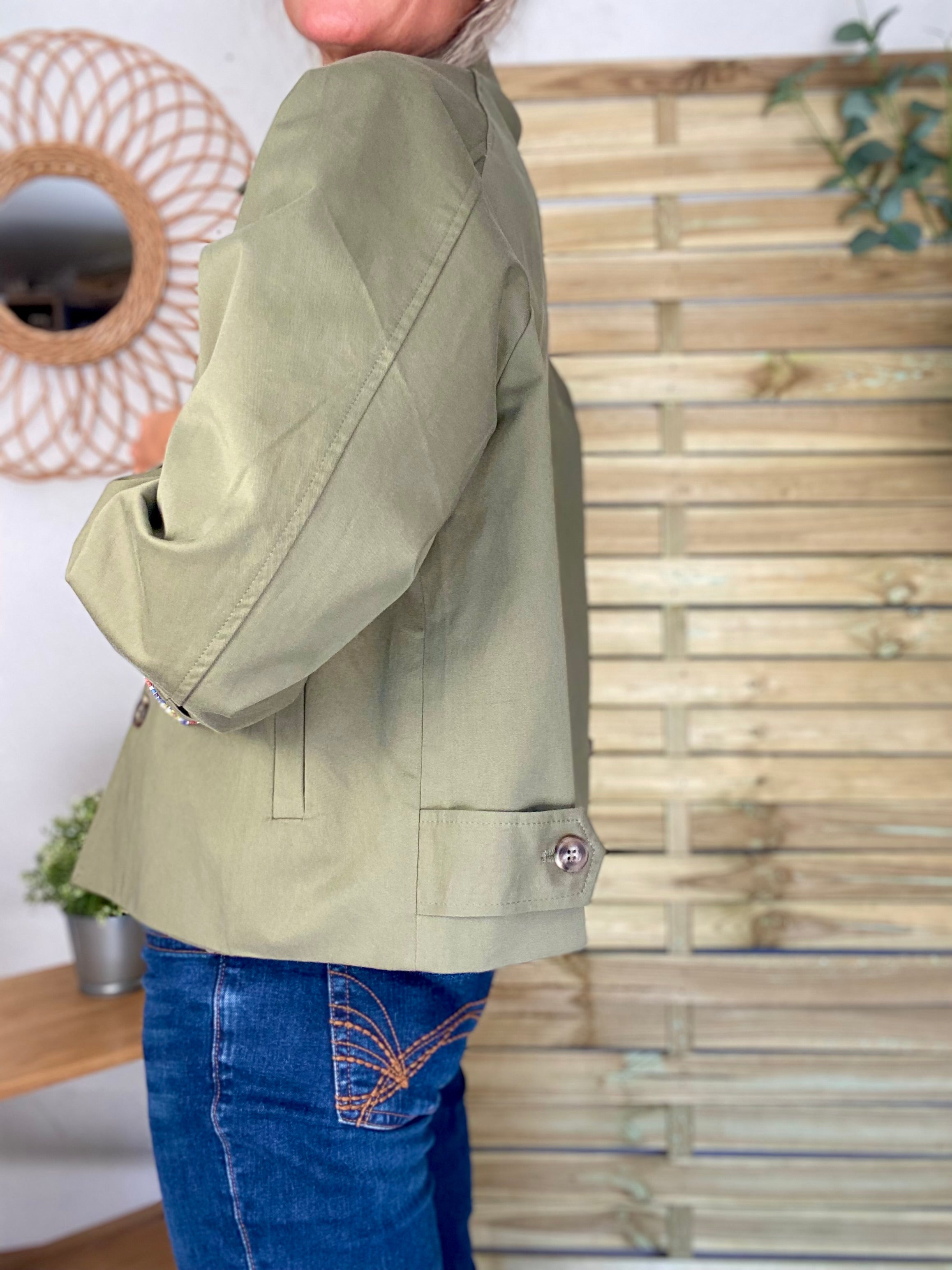 Veste Trench en coton kaki avec Liberty - MAHAUT