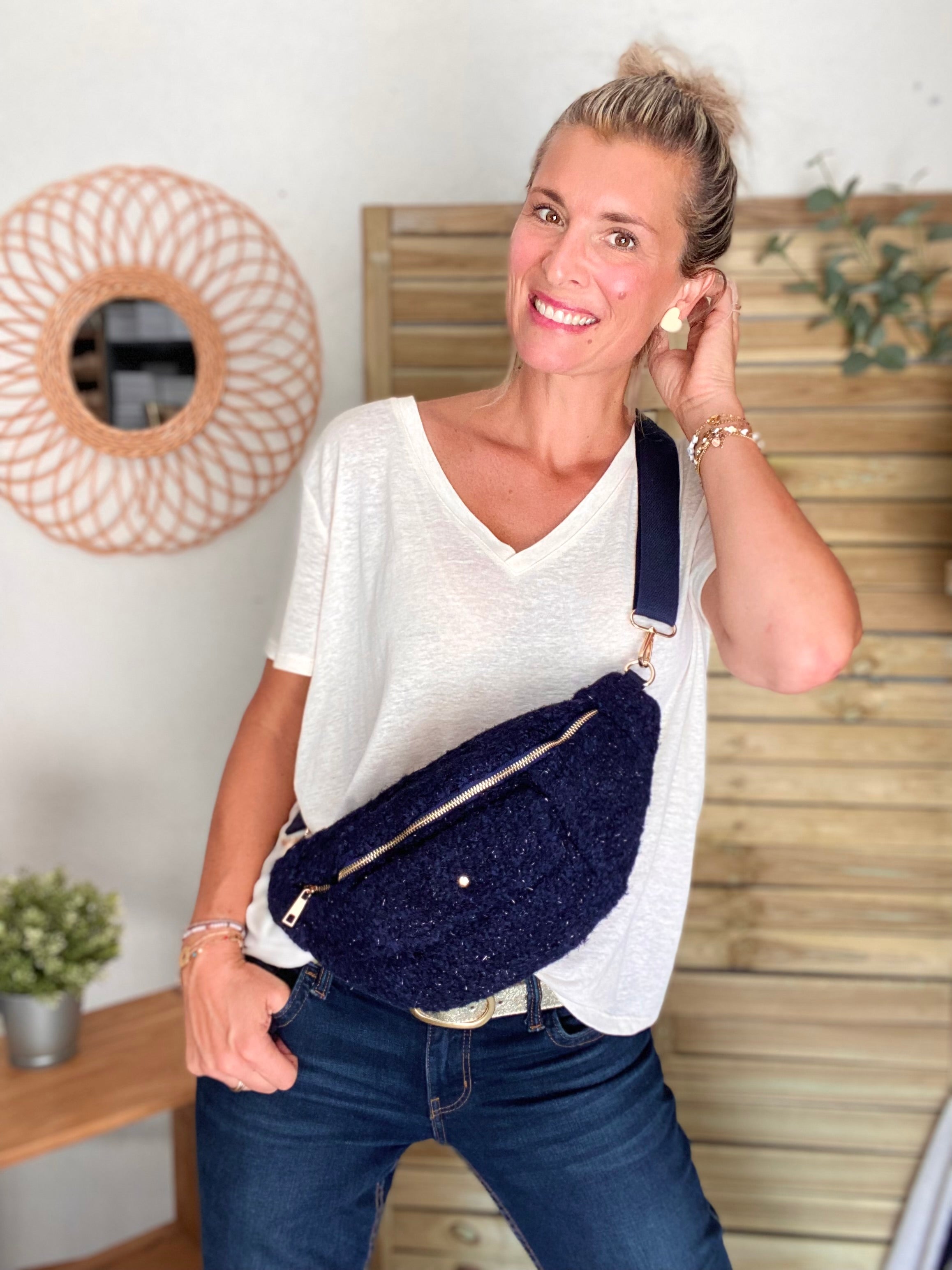 Sac banane XL moumoute lurex avec poche avant - CHELSEA - Marine