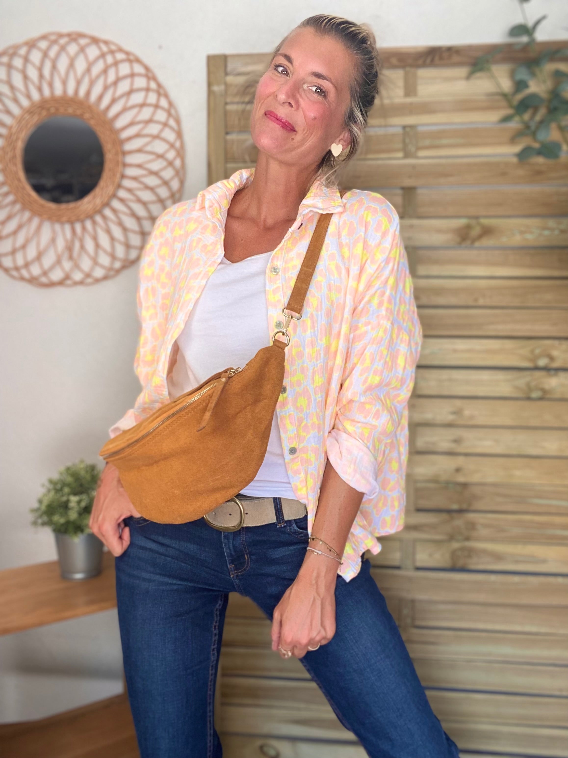 Sac banane XL en croite de cuir - JANE - Camel
